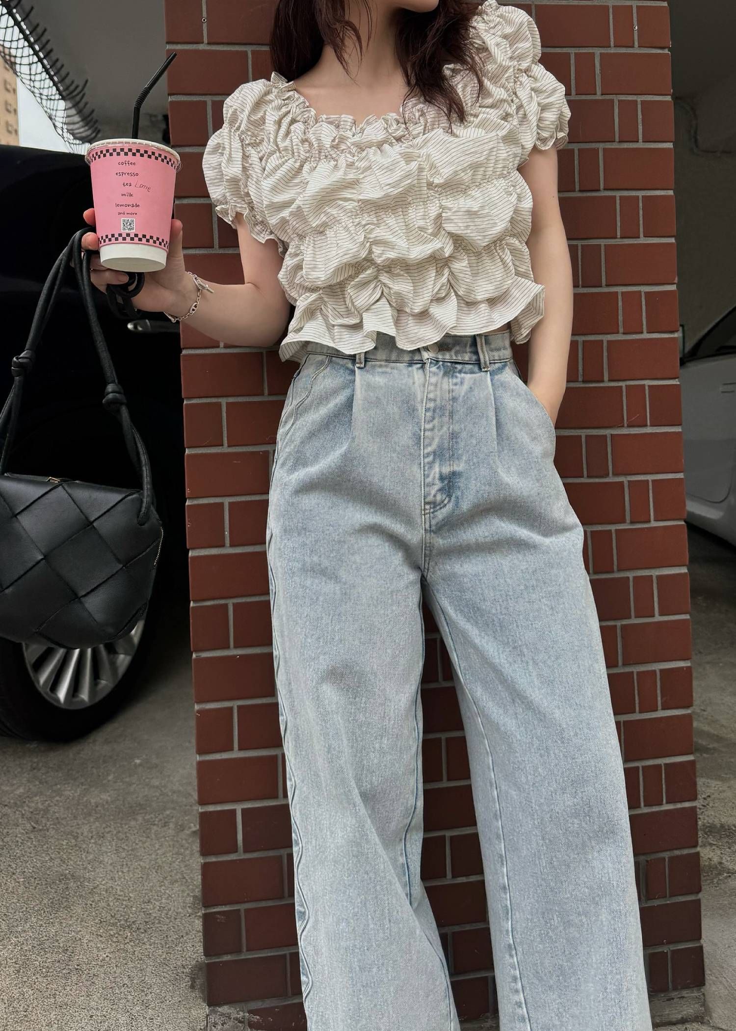 ホイップ ストライプトップス (アイボリー) whip shirring stripe 2way tops (Ivory) /  26SS
