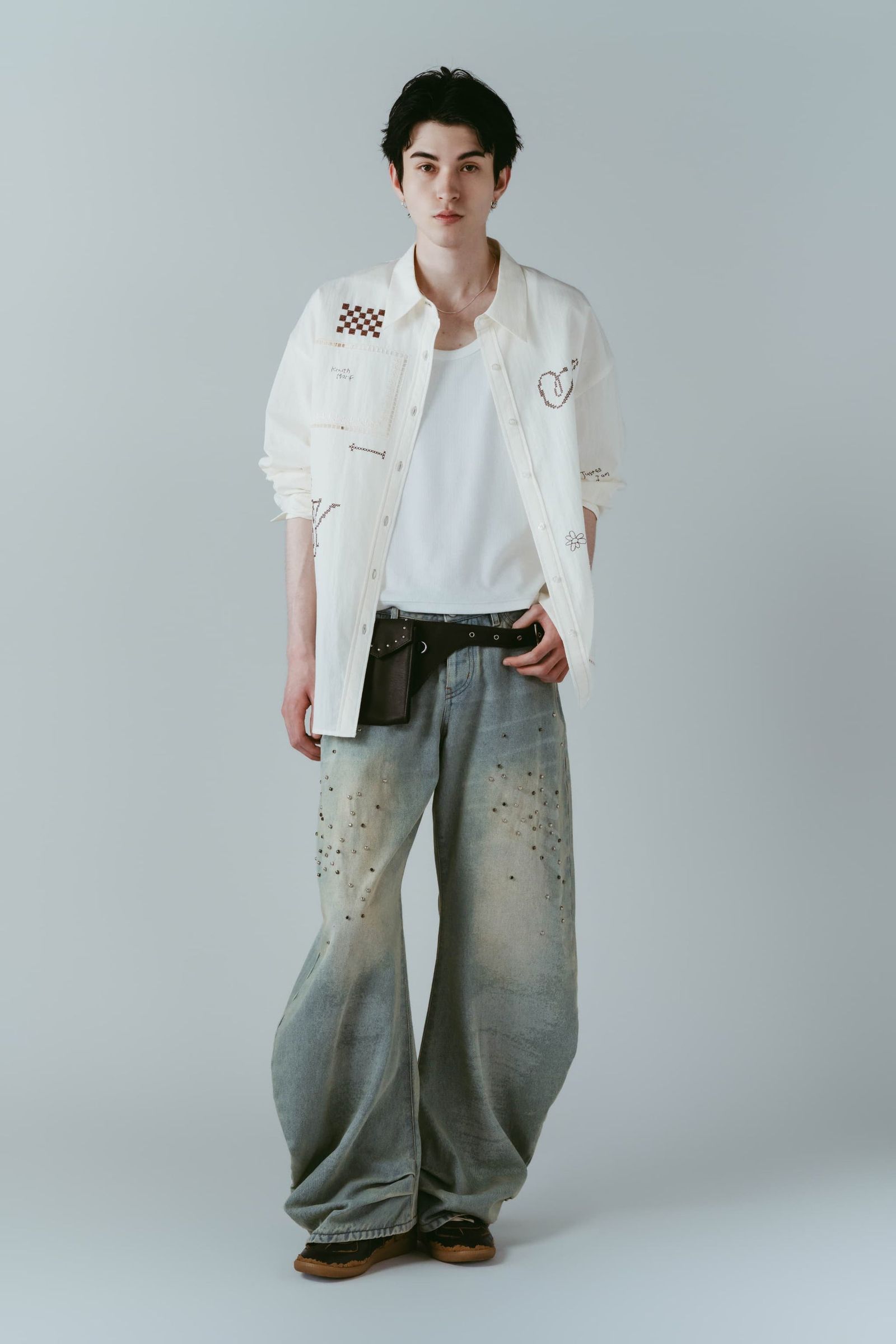 スタッズ ドレープデニム (ブルー) studded draped denim pants(unisex) (Blue) /  26SS