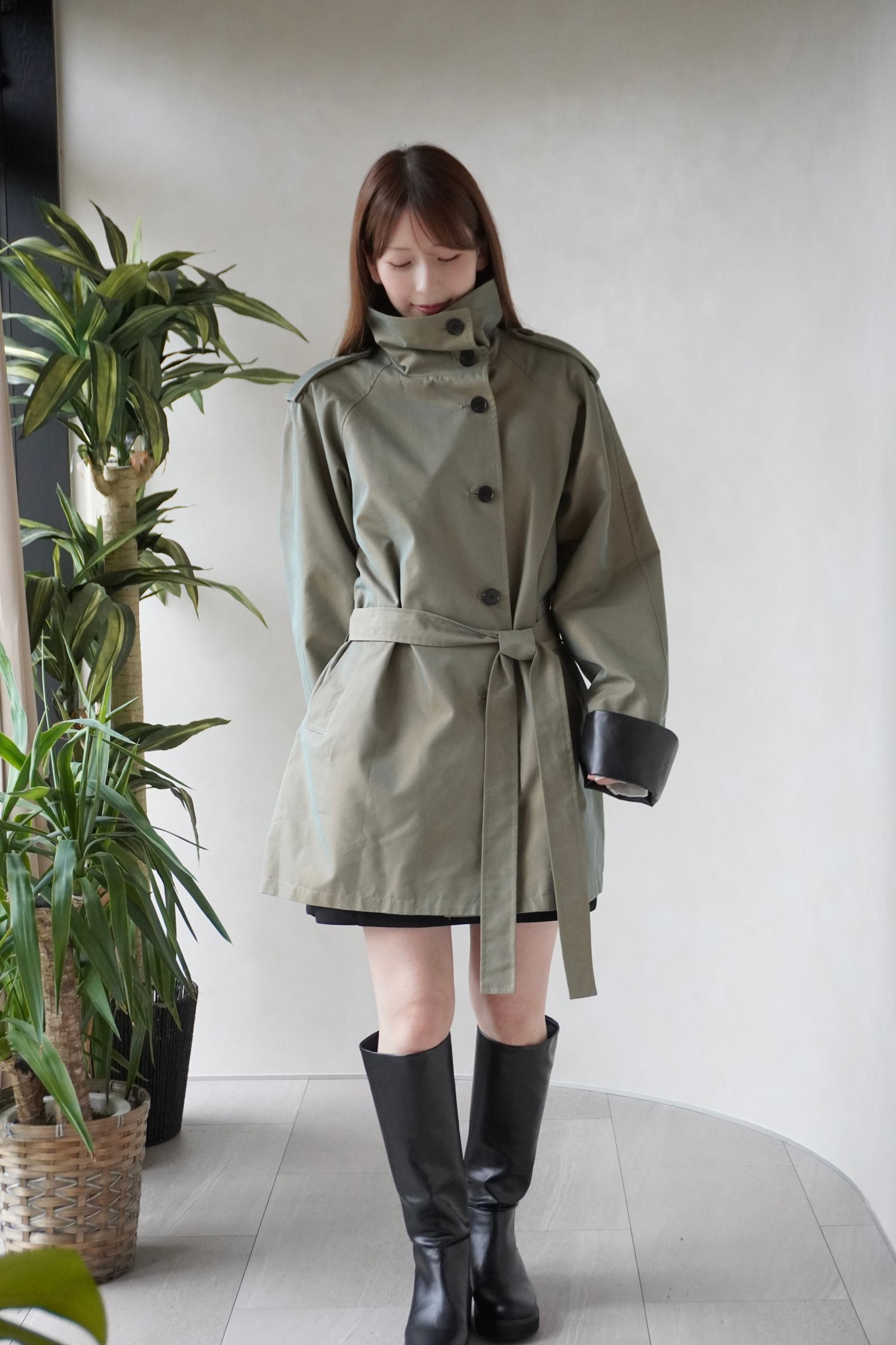 【26TH-05】スタンドカラートレンチコート (カーキ) Stand collar trench (Khaki) /  エコファー  /  フェイクファー