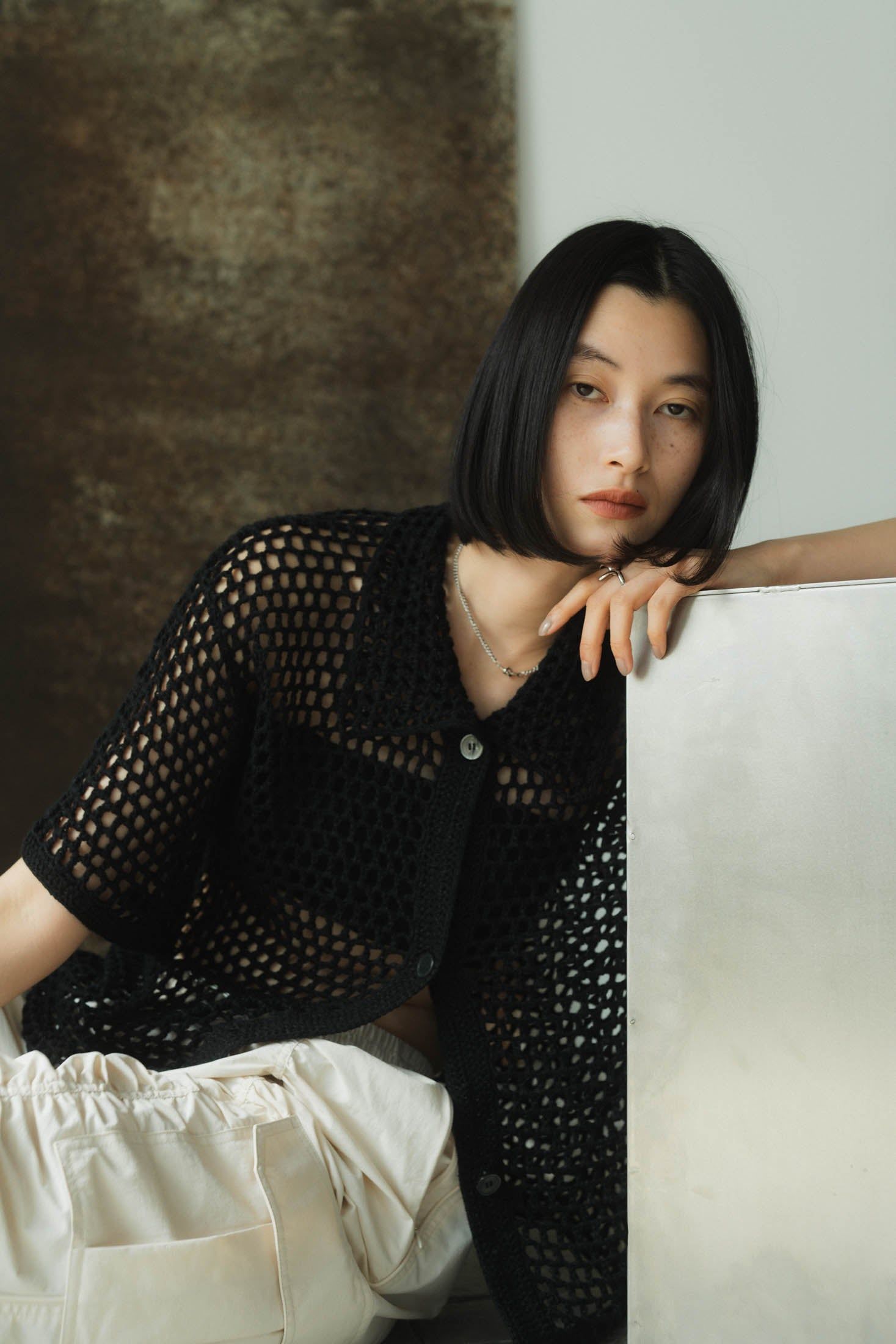 crochet knit shirt / クロシェ ニットシャツ (ブラック)