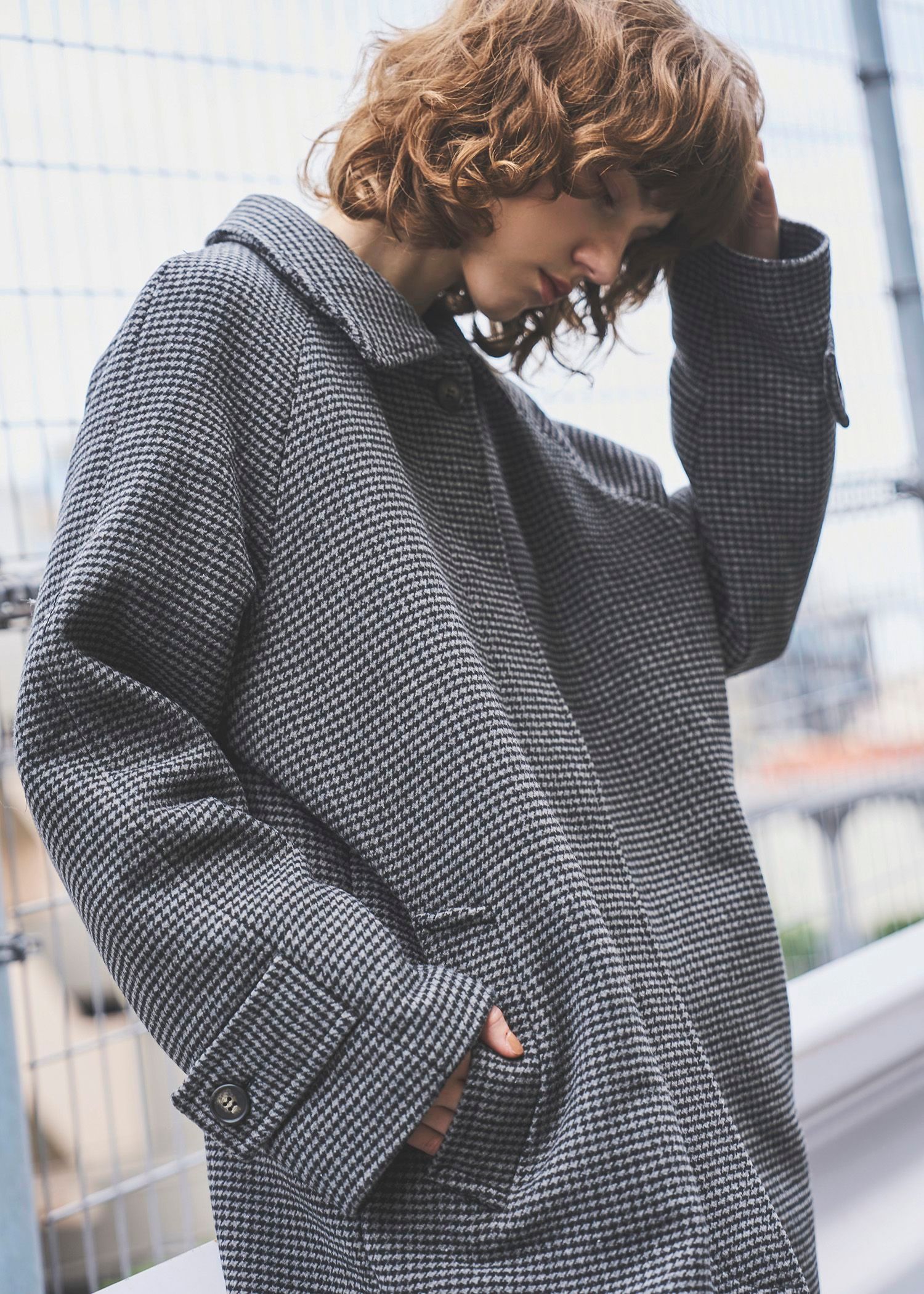 hound tooth soutien collar quilting coat / ハウンドトゥース ステンカラーコート (チャコール) / 25AW /