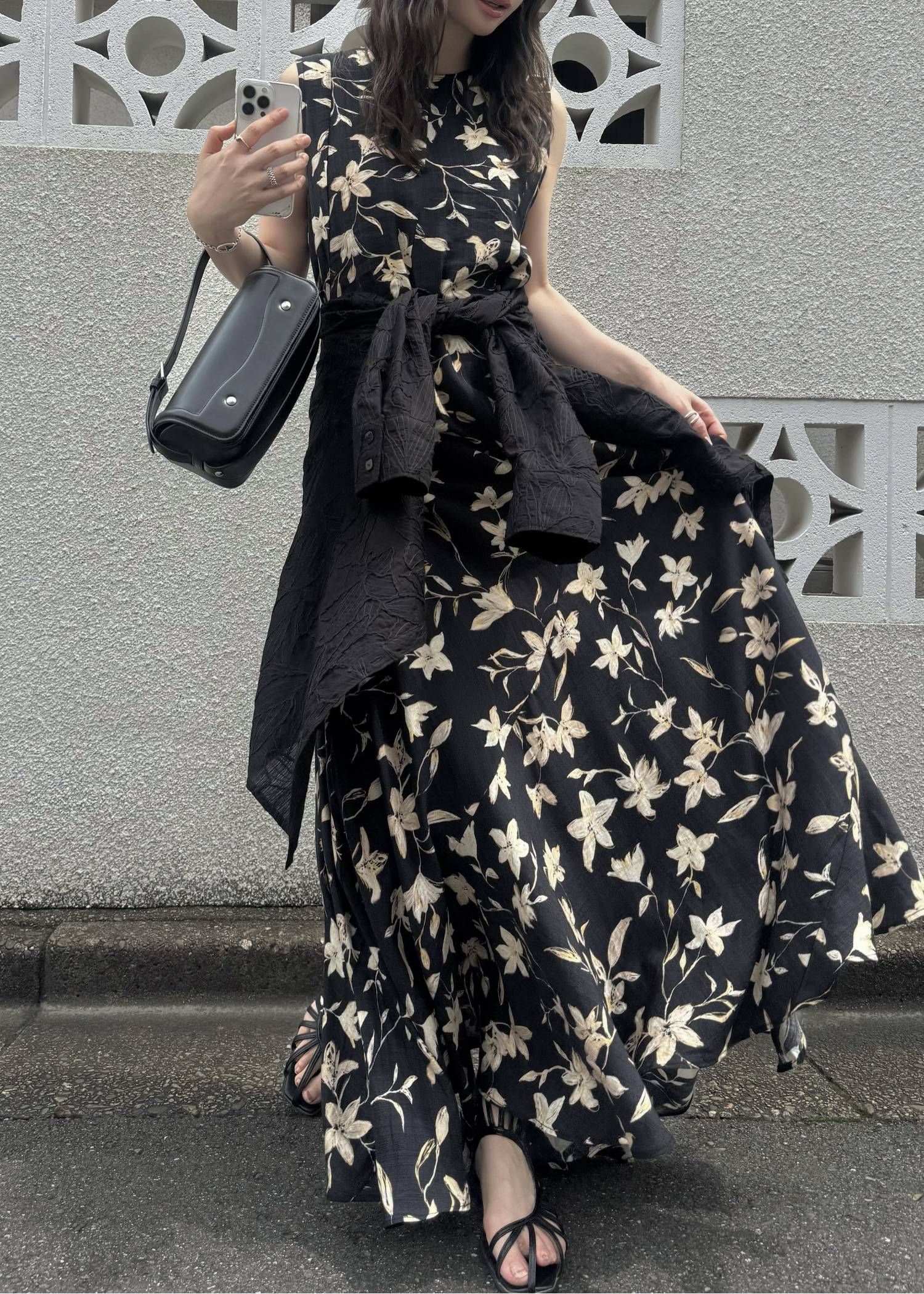 フラワーパッチワークワンピース (ブラック) flower panel patchwork flare OP (Black) /  26SS