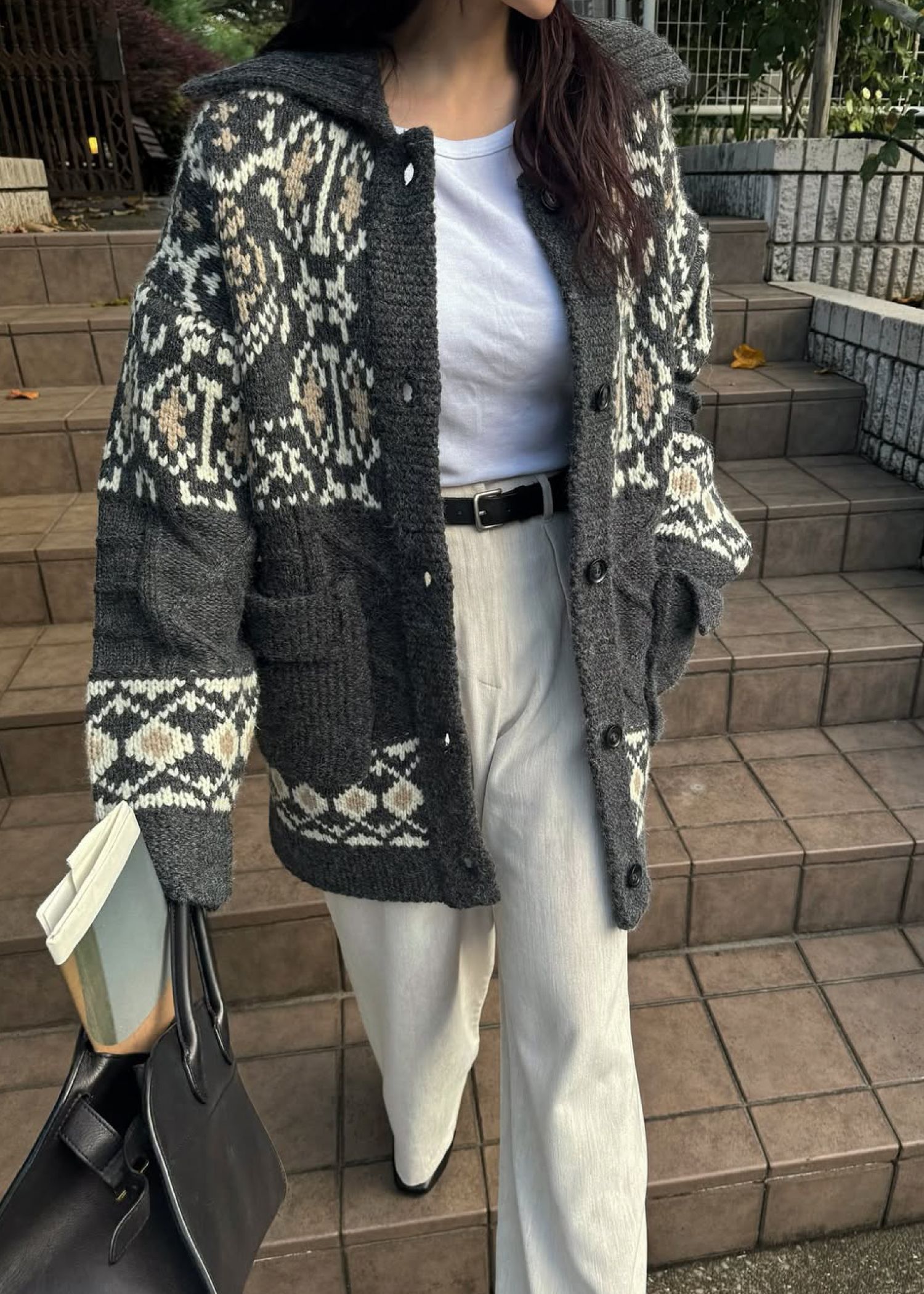 nordic pattern knit cowichan jacket / ノルディック カウチンニットジャケット (チャコール) / 25AW /