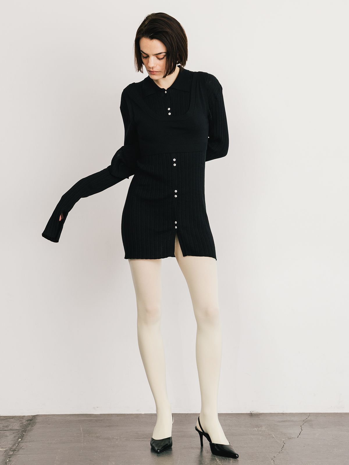 【25SS】KNIT BUSTIER LONG SHIRTS / ニットビスチェ ロングシャツ (ブラック)