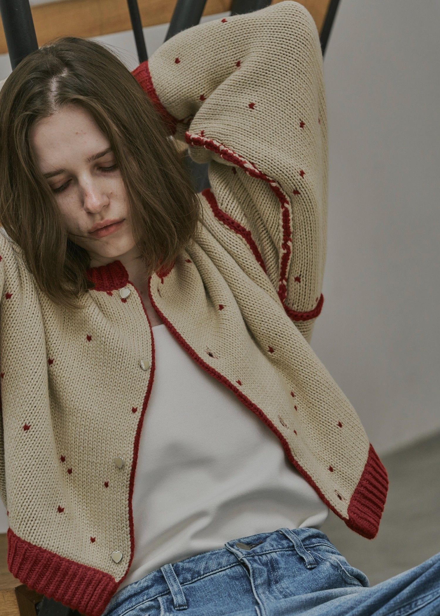 heart dot jacquard reversible cropped knit cardigan / ハートドット ジャガード リバーシブルクロップドカーディガン (レッド×タン) / 25AW