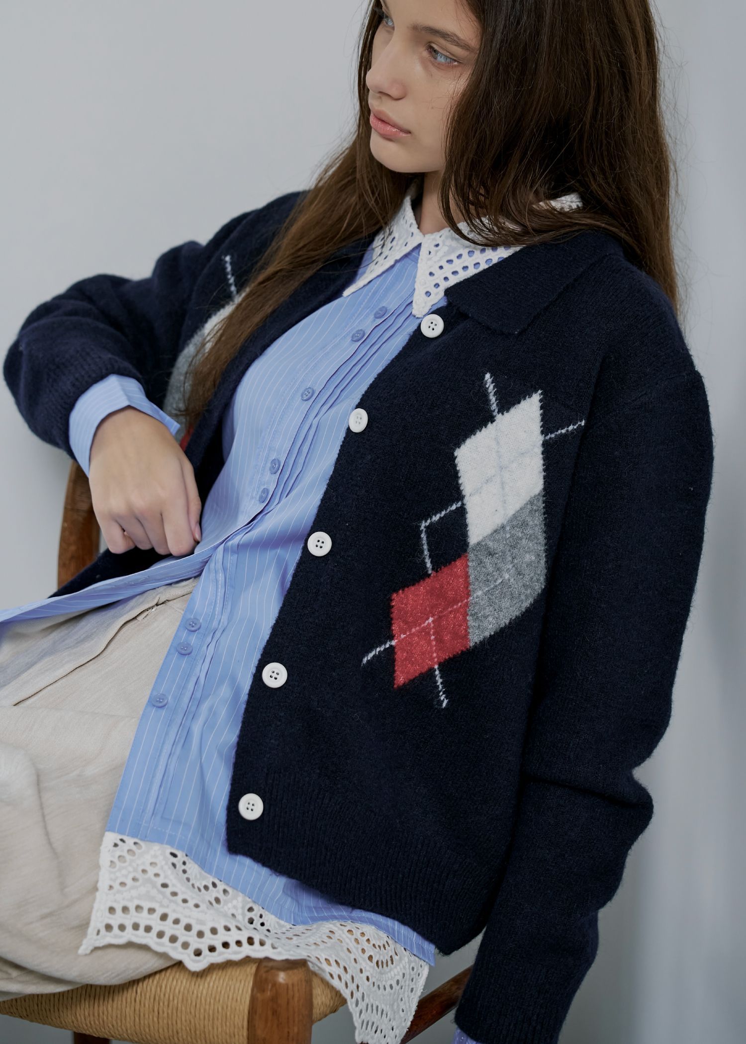 lace collar hem shoulder pintuck SH / レースヘムショルダー ピンタックシャツ (サックス) / 25AW /