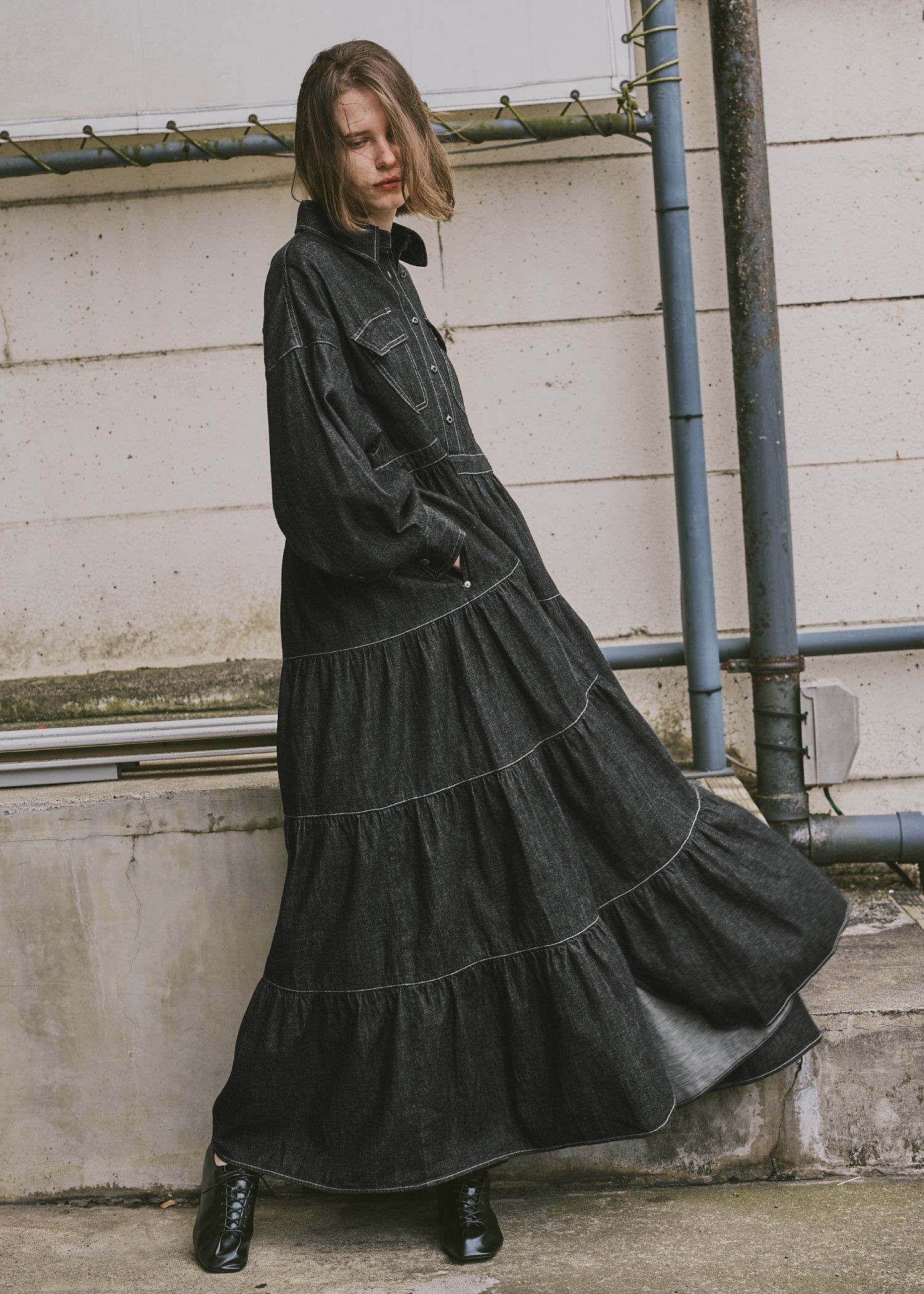 【Healthy DENIM × WILLFULLY】"Aphrodite" tiered denim shirt OP / ヘルシーデニムコラボ デニムシャツワンピース (ブラック) / 25AW /