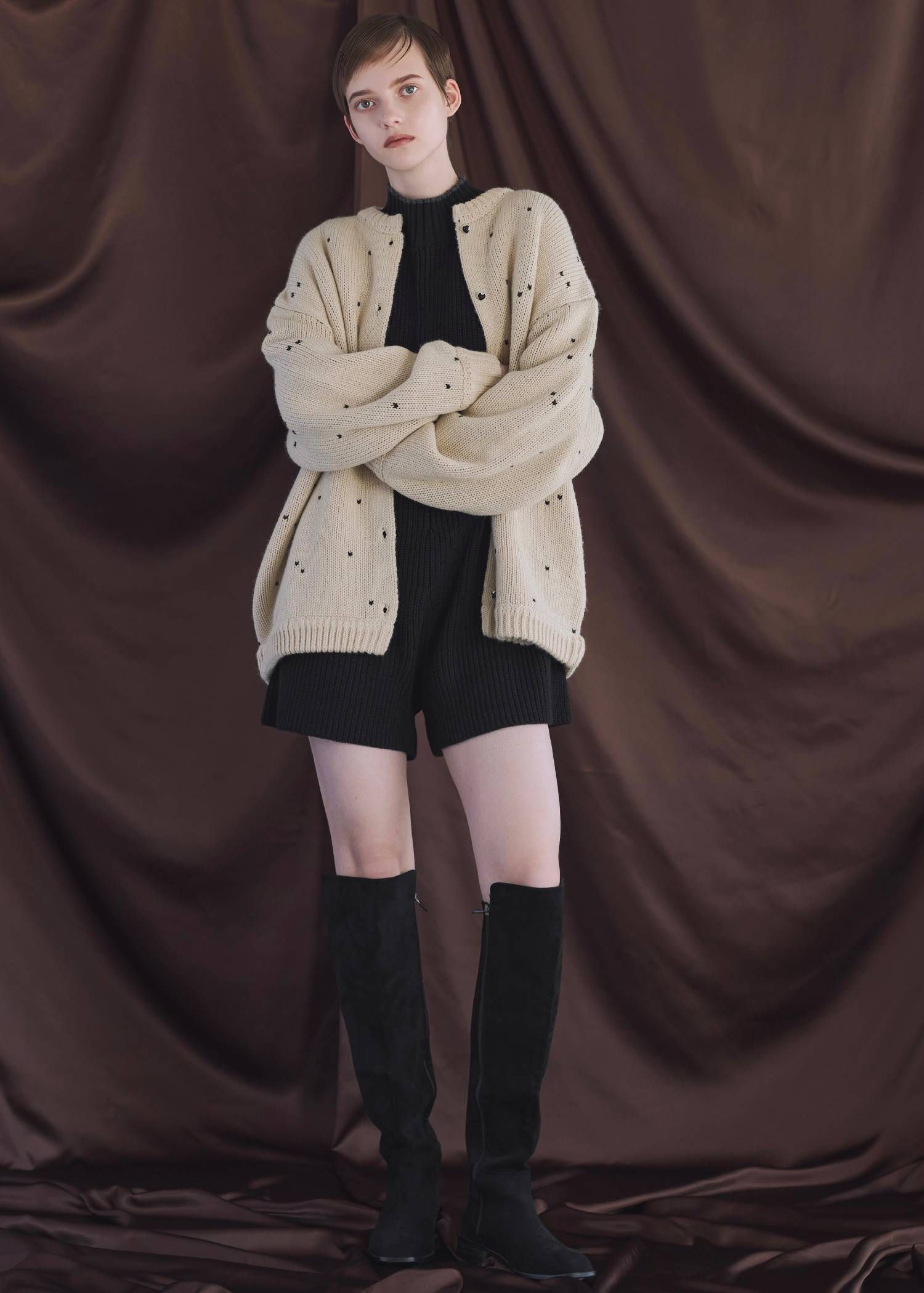 【ロング】ハートドット リバーシブルカーディガン (タン×ブラック) long heart dot jacquard reversible knit cardigan (tan×black) /  26SS