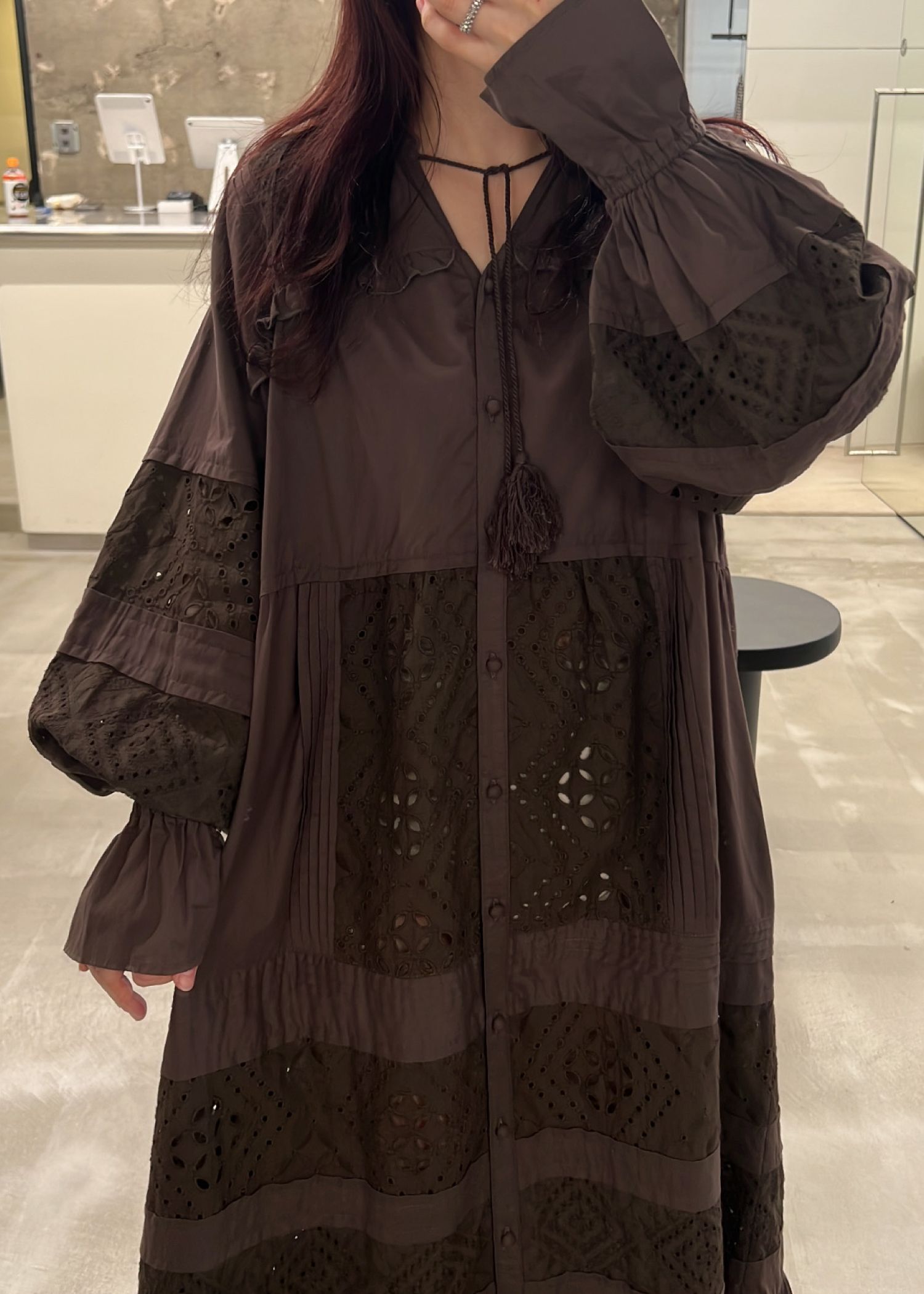 ティアードワンピース (ブラウン) pieced cotton lace tiered volume OP (Brown) /  26SS