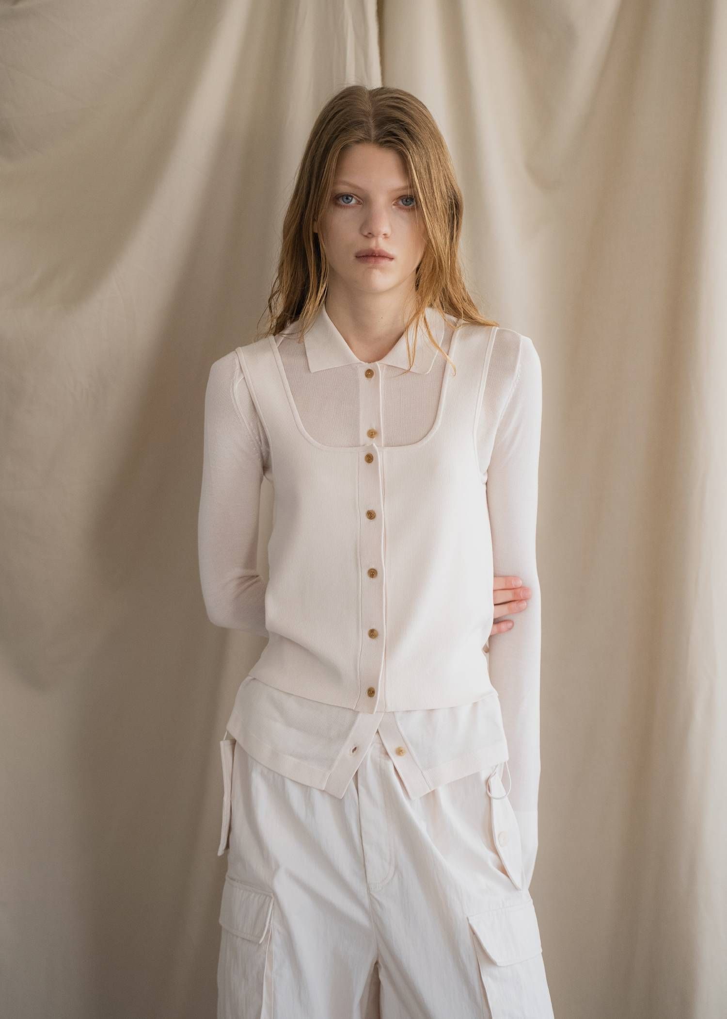 ニットシャツ&タンクトップ (パウダーピンク) shirt collar & tank knit ensemble (Powder pink) /  26SS