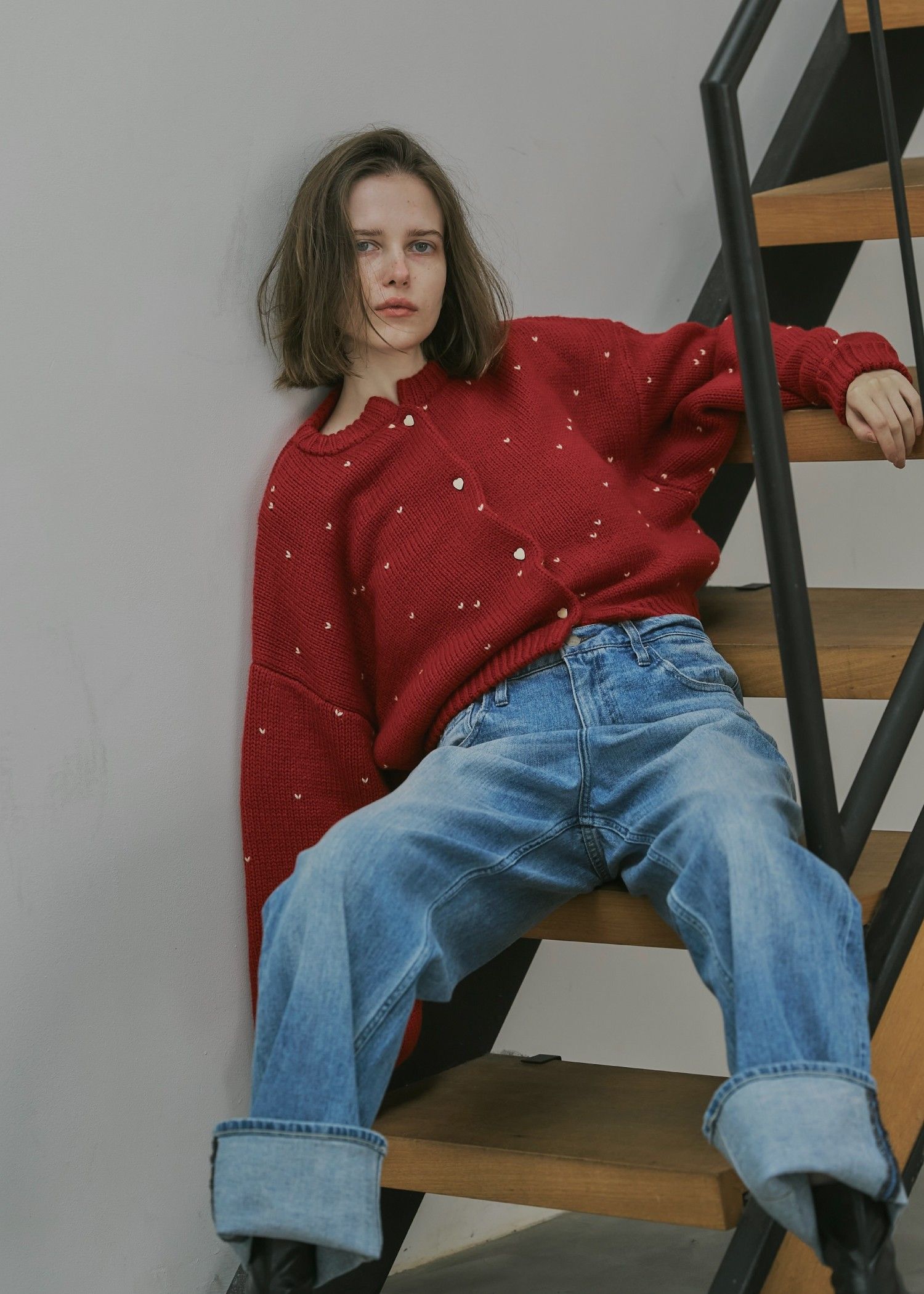 heart dot jacquard reversible cropped knit cardigan / ハートドット ジャガード リバーシブルクロップドカーディガン (レッド×タン) / 25AW