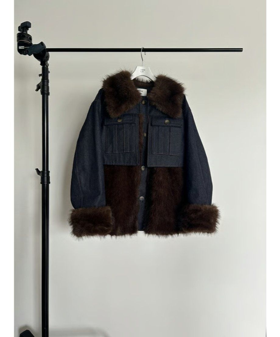 【25AW】Denim Docking Fur Jacket (ダークネイビー) / デニムドッキングファージャケット / エコファー / フェイクファー