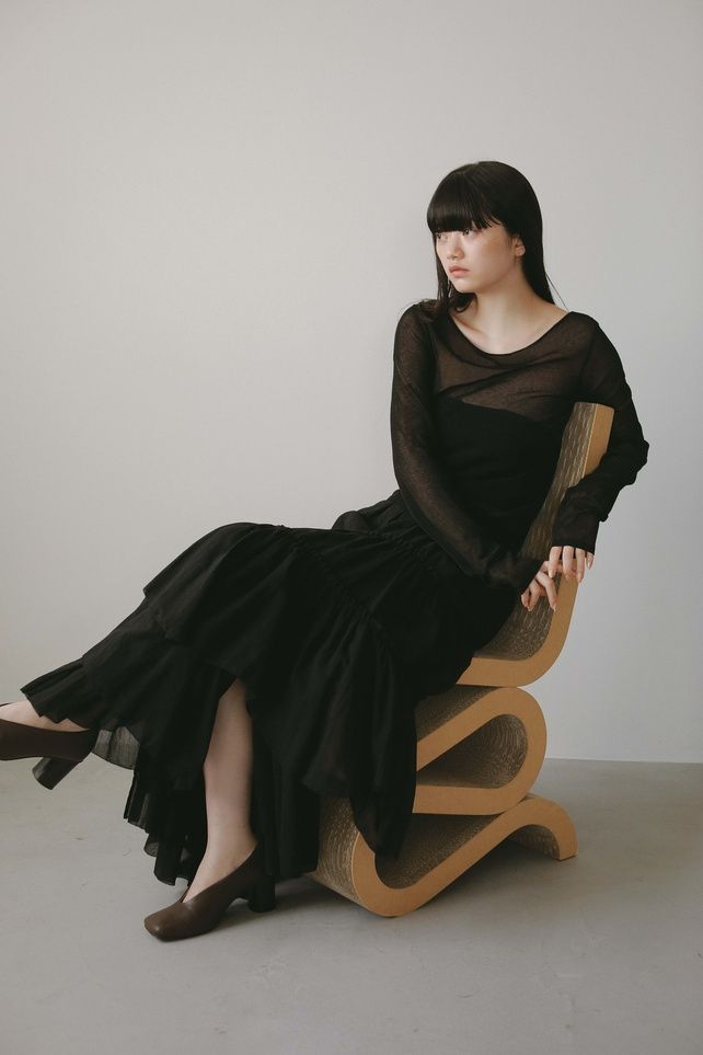 COTTON TIERED SKIRT / コットンティアードスカート (ブラック) ミモレ丈 / ウエストゴム / ペチコート付き