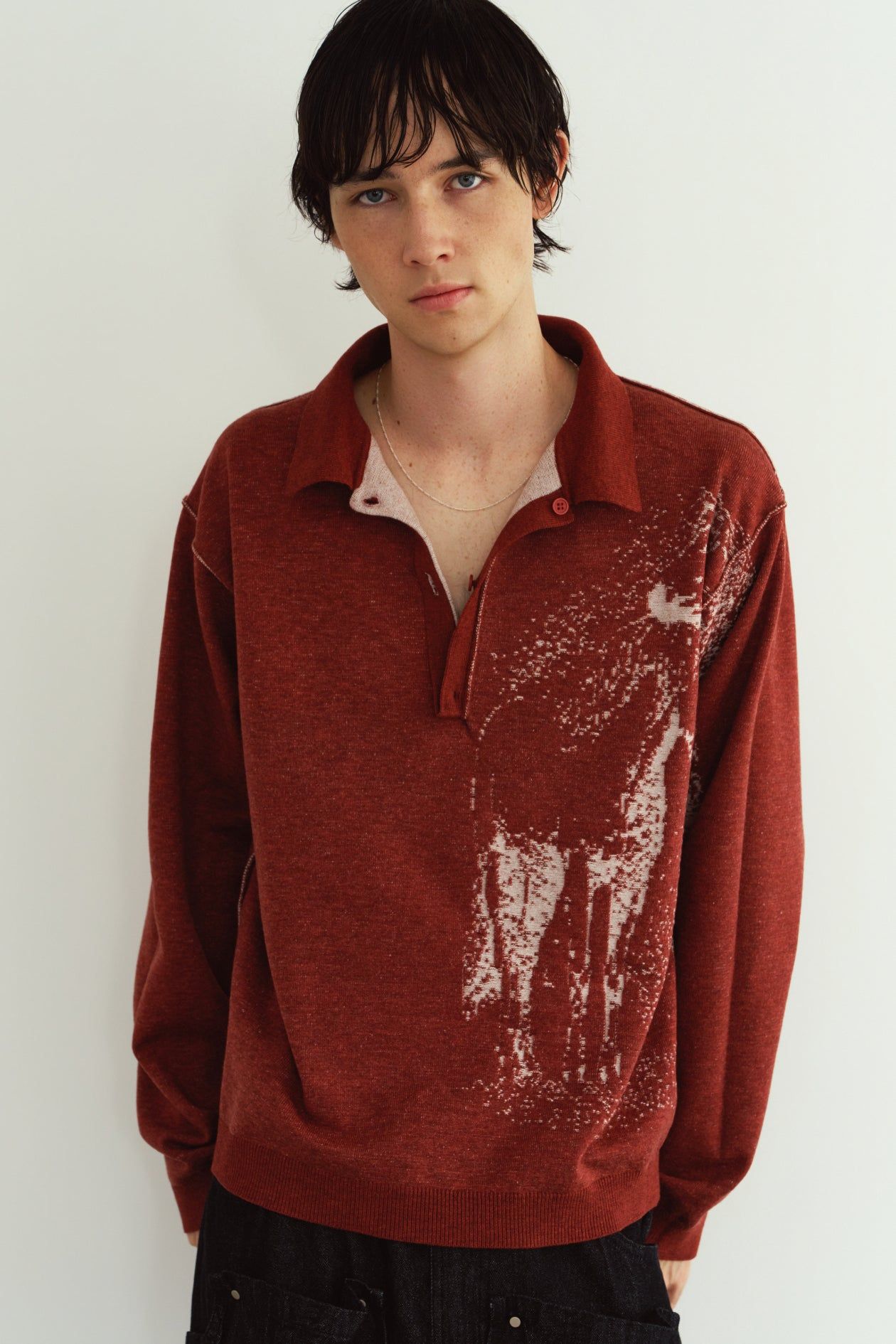 リバーシブル ジャガードポロニット (レッド) reversible jacquard polo knit(unisex) (Red) / 26AW