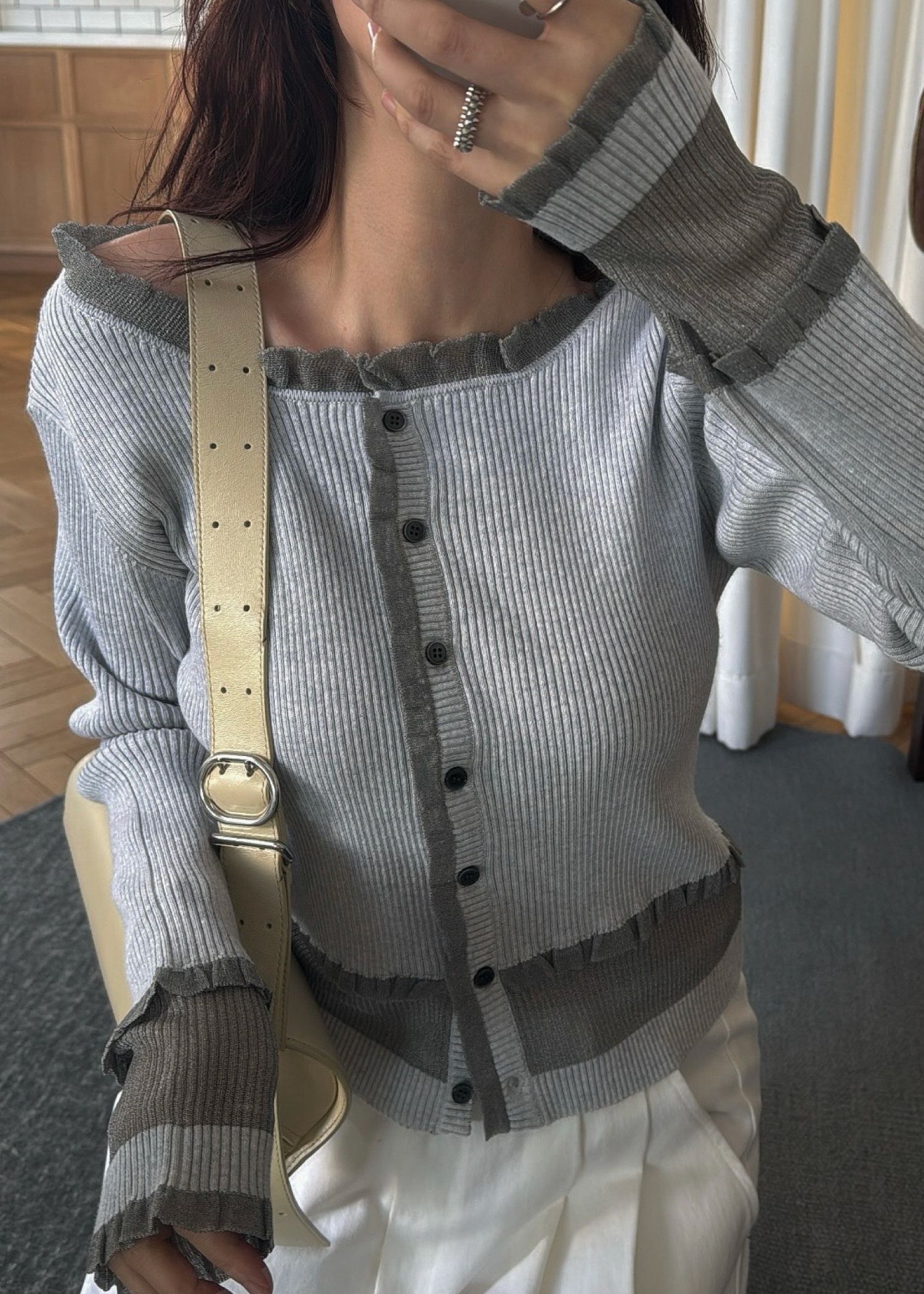 partial sheer frill knit cardigan / シアーフリル ニットカーディガン (Stone) / 26SS