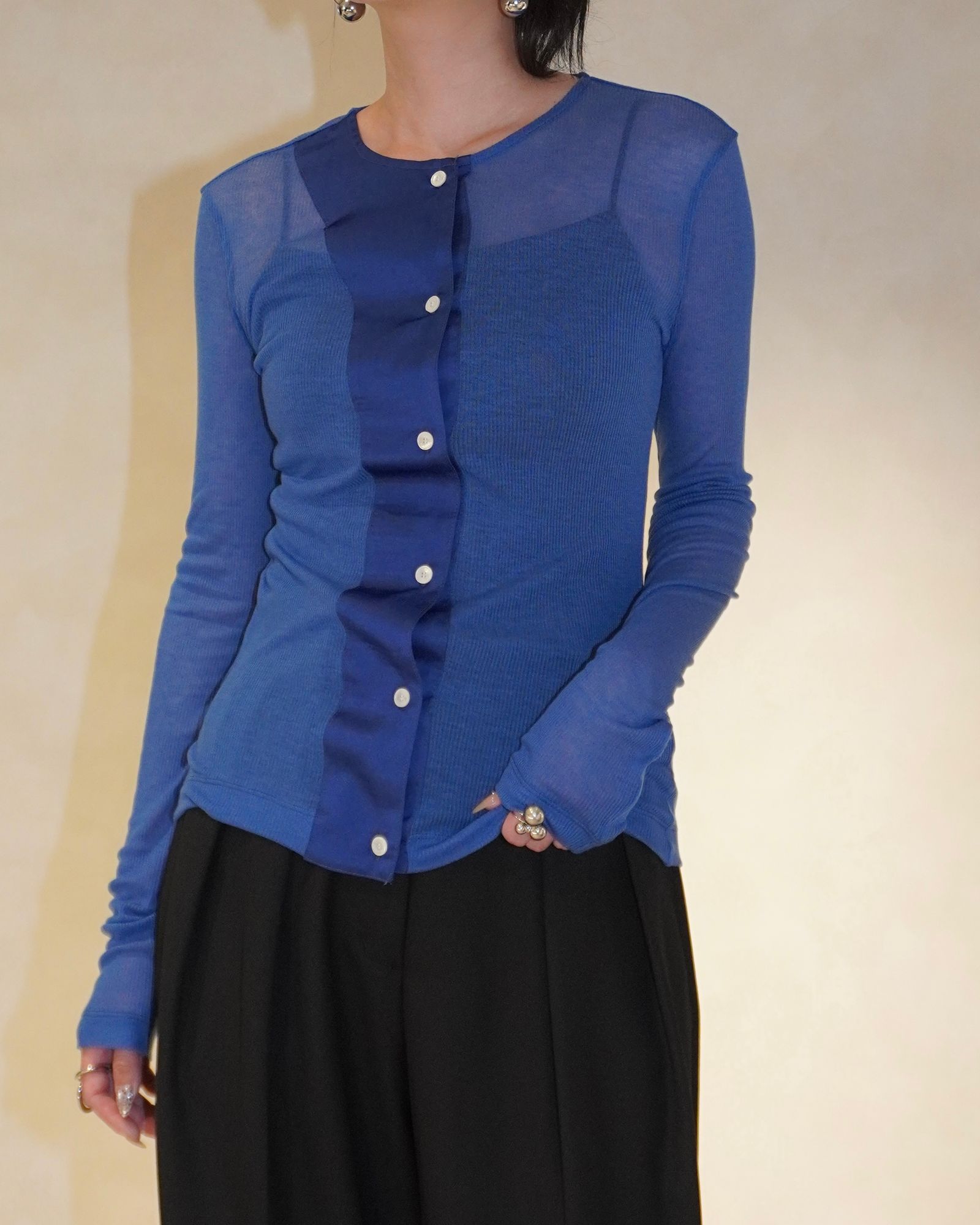 アシンメトリー リブトップス (ブルー) ASYMMETRIC PANEL SHEER RIB TOP (Blue) / 26SS