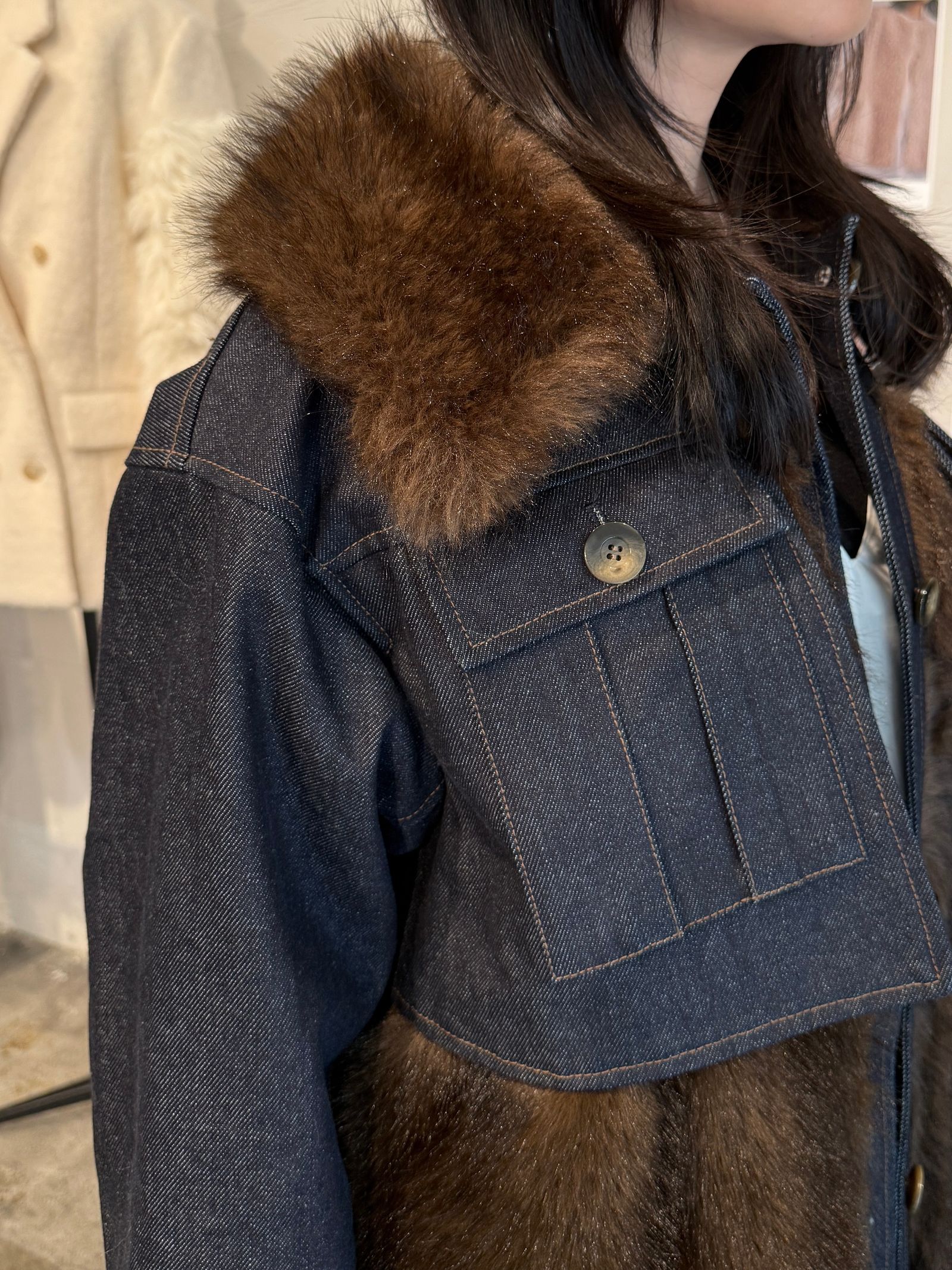 【25AW】Denim Docking Fur Jacket (ダークネイビー) / デニムドッキングファージャケット / エコファー / フェイクファー