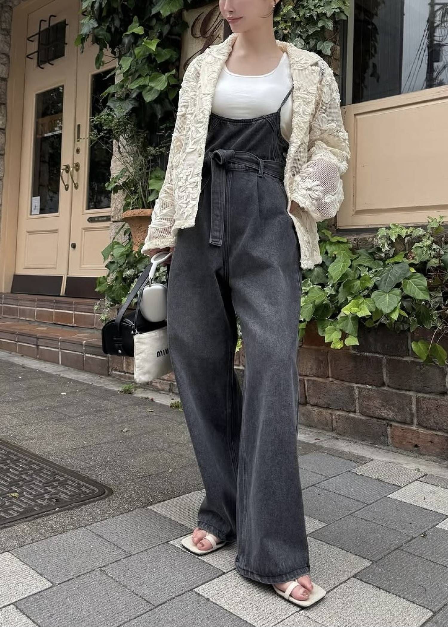 デニム リボンサロペット (ブラック) denim tapered ribbon salopette (Black) /  26SS