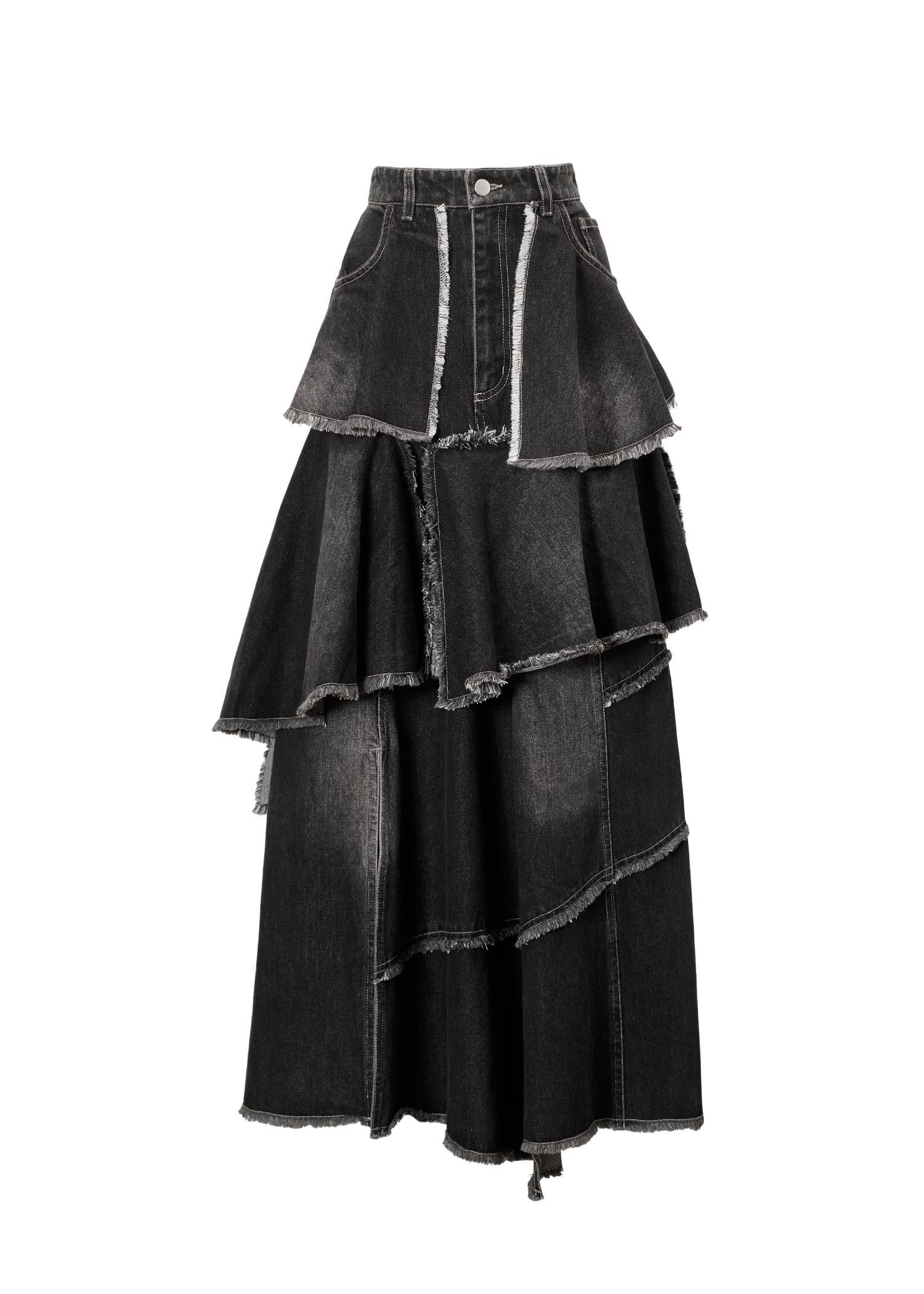 ランダム ティアードフリル デニムスカート (ブラック) random tiered frill denim SK (Black) /  26SS