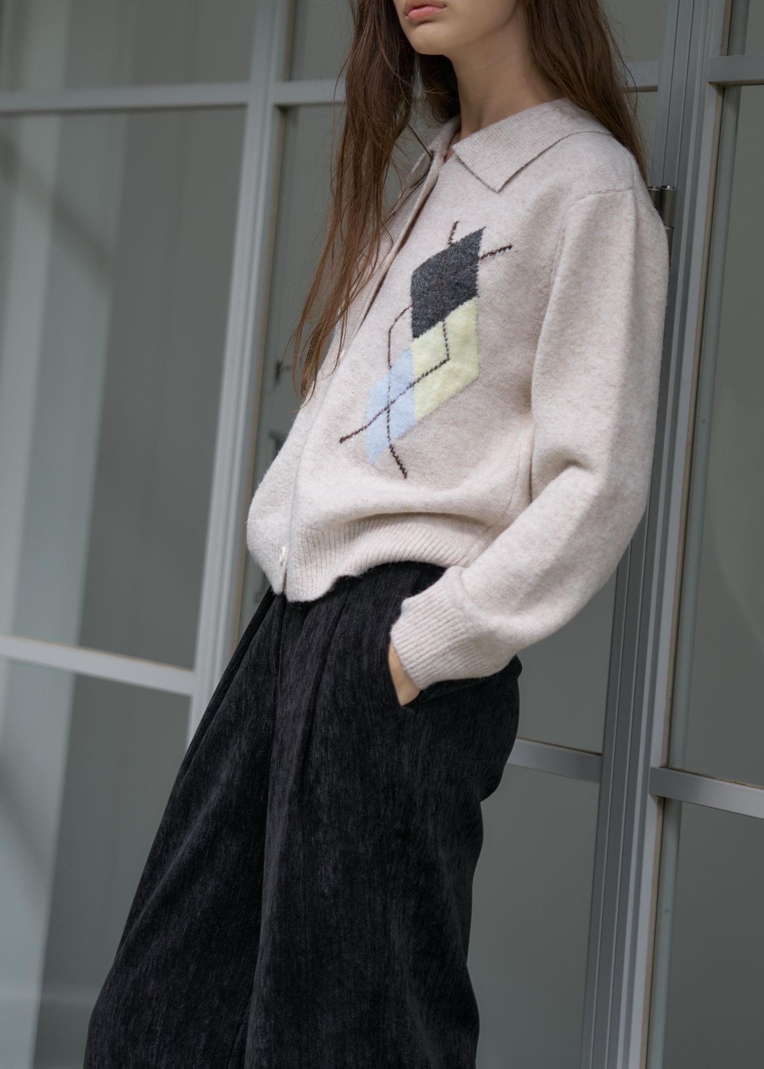chic soft touch argyle knit cardigan / ソフトタッチ アーガイルニットカーディガン (ベージュ) / 25AW /