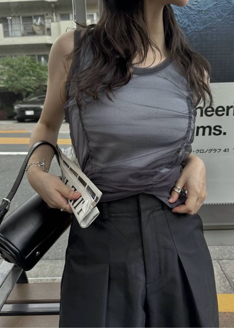 チュールリブタンク (スモーキーブルー) gather tulle layered rib tank (Smoky Blue) /  26SS