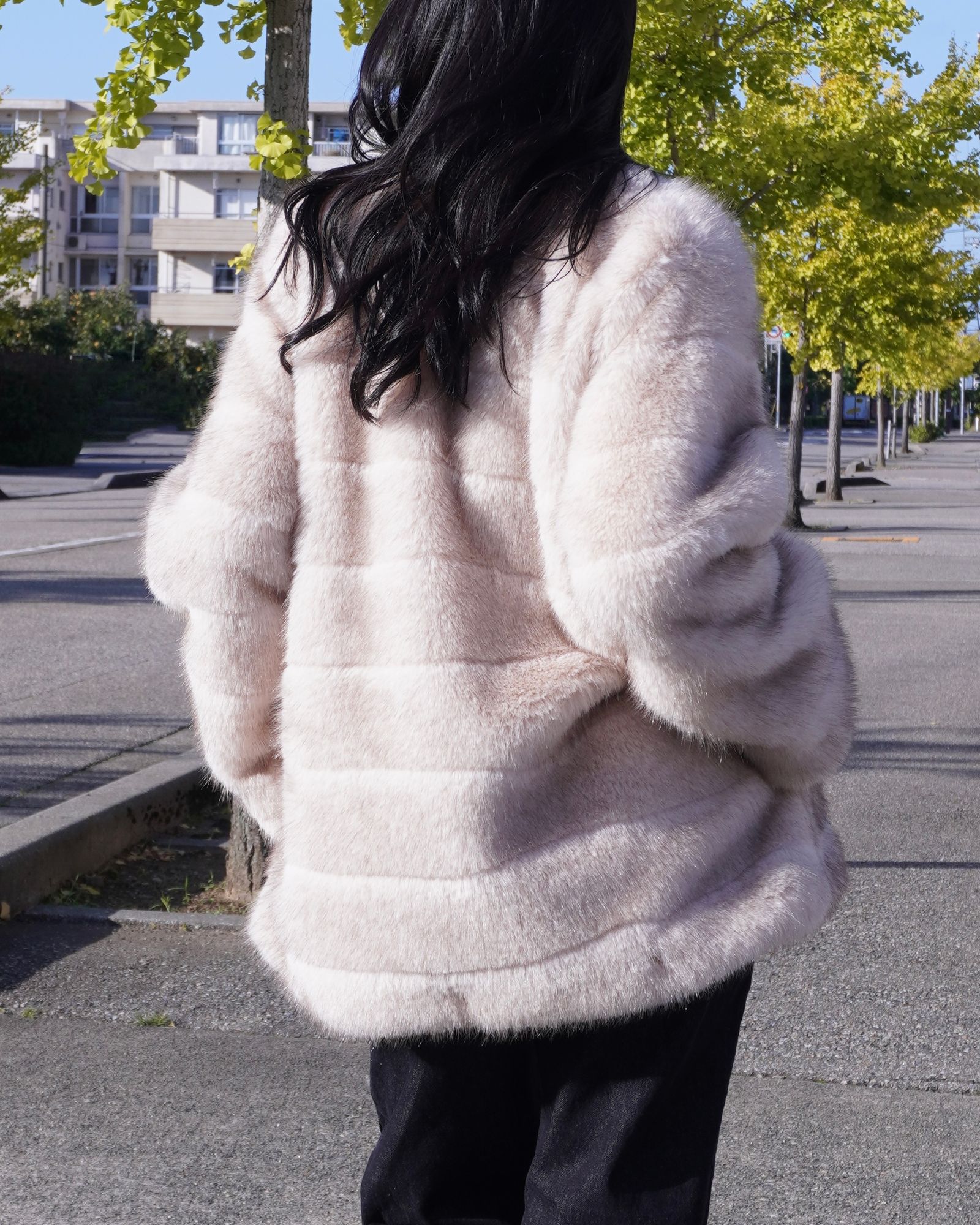 【25AW】Border Fur Coat (クリーム) / ボーダーファーコート / エコファー / フェイクファー