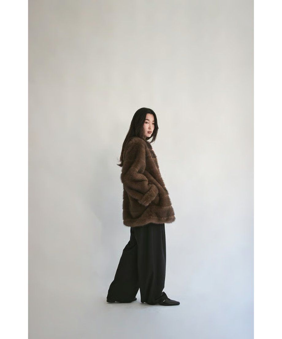 【25AW】Border Fur Coat (ブラウン) / ボーダーファーコート / エコファー / フェイクファー