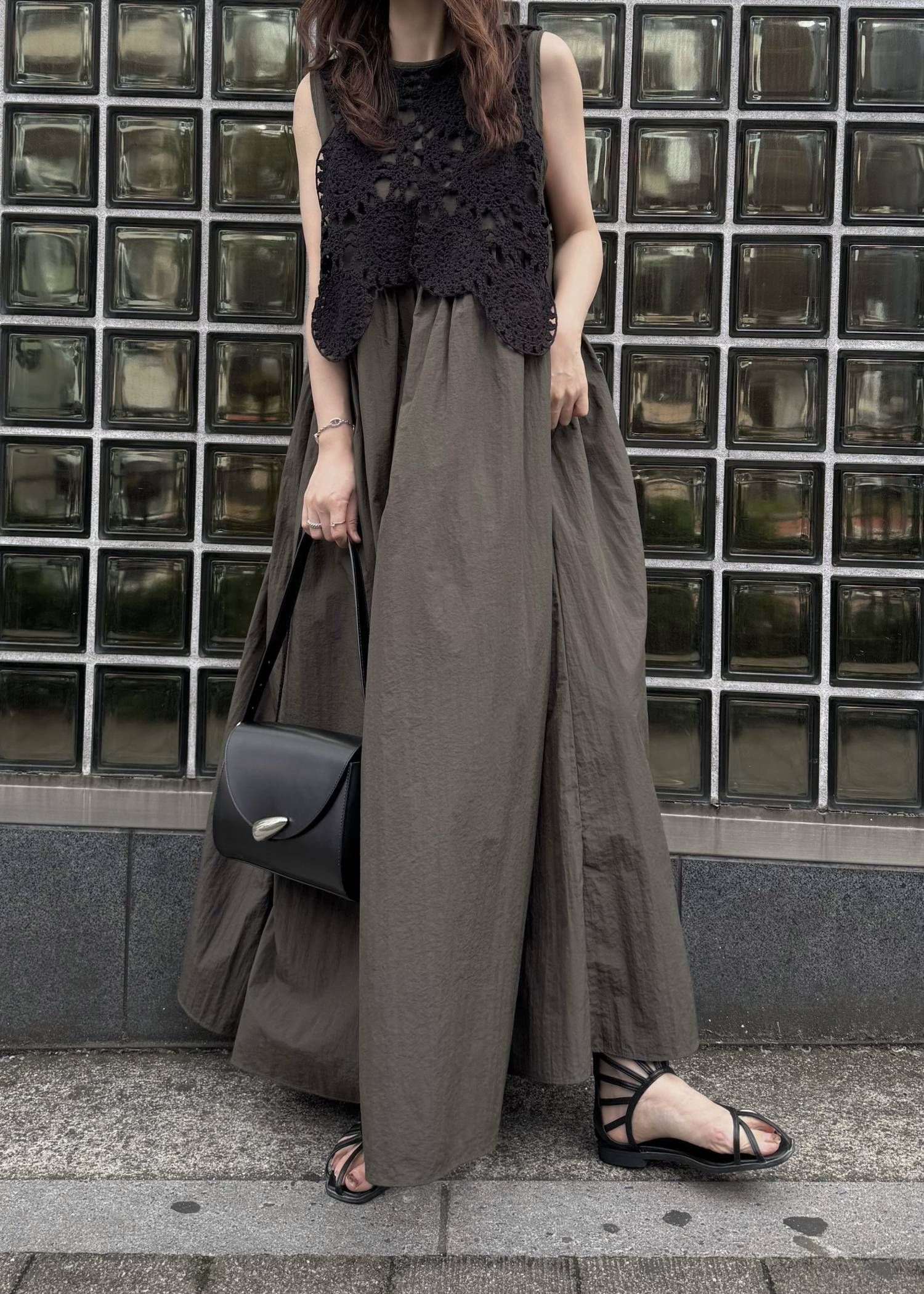 クロシェ ナイロンワンピース (カーキ) crochet knit layered nylon OP (Khaki) /  26SS