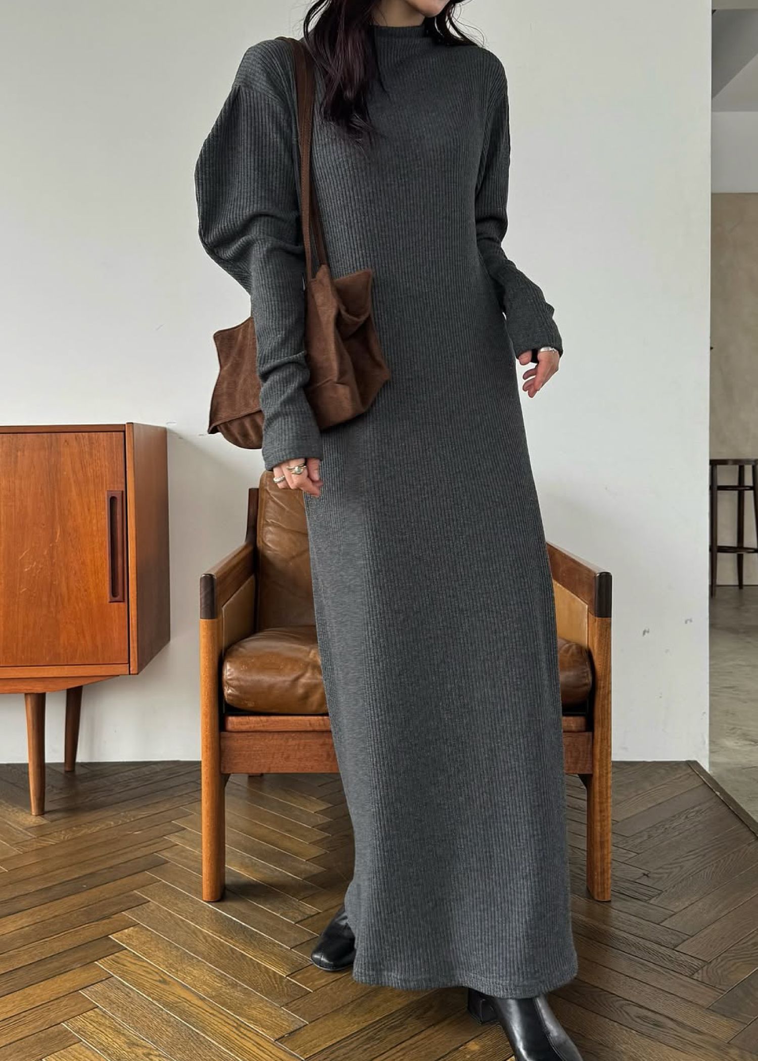 volume sleeve high neck rib OP / ハイネックリブワンピース (チャコール) / 25AW /