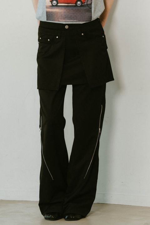2ピース ジップフレアパンツ (ブラック) 2piece zip flare pants