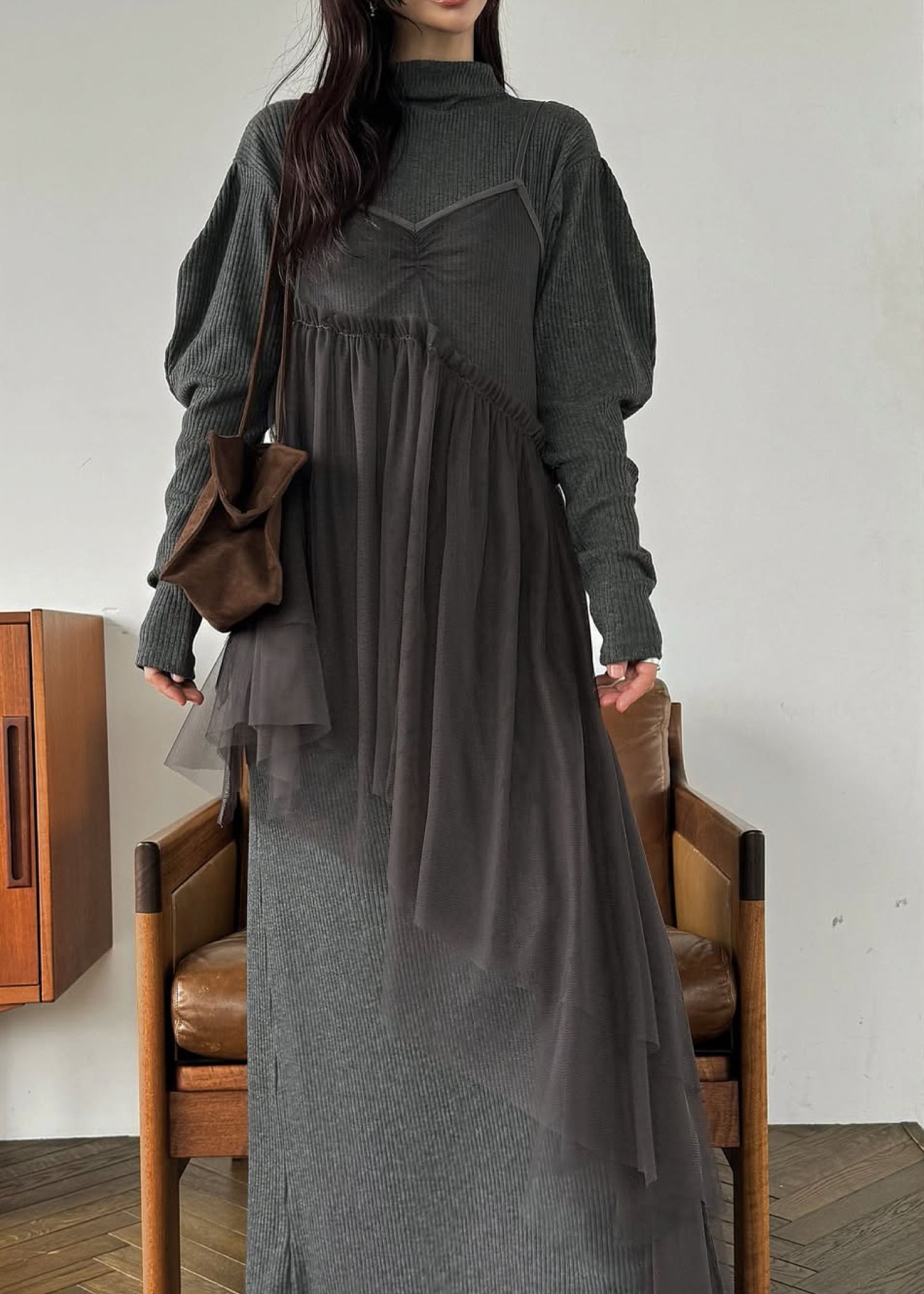 asymmetry layered tulle cami OP / アシンメトリー レイヤードチュールキャミワンピース (チャコール) / 25AW /