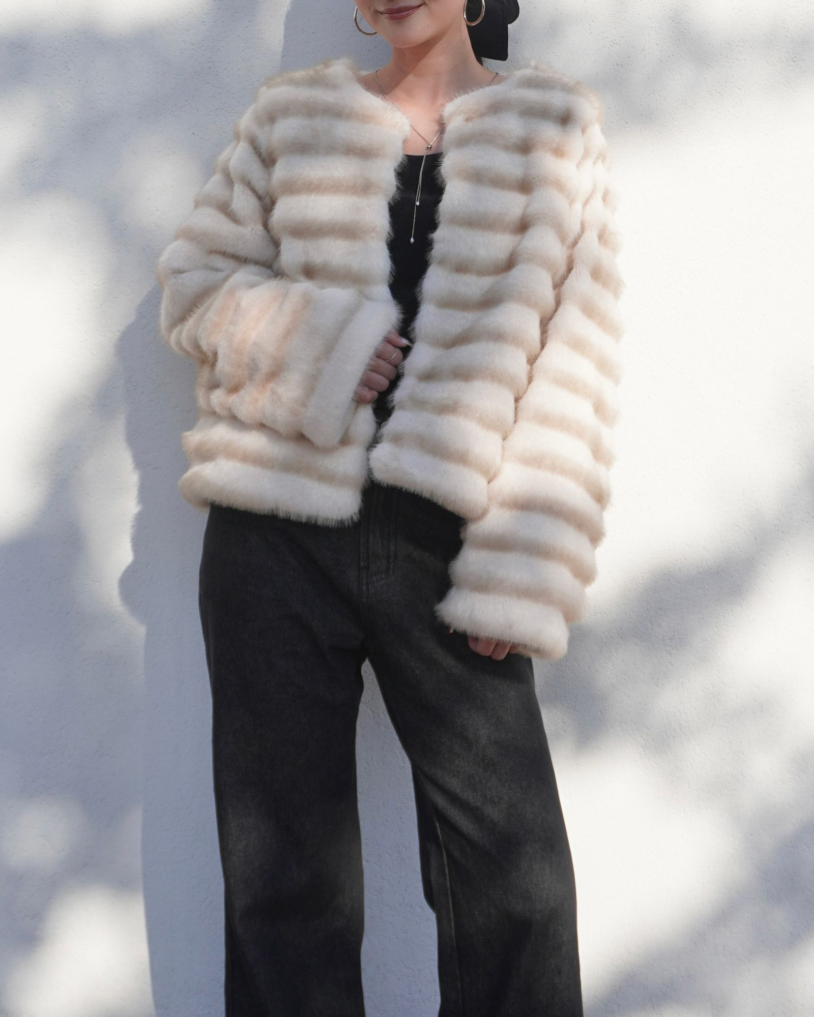 【25AW】Gradation Border Fur Jacket (アイボリー) / グラデーションボーダーファー ジャケット / エコファー / フェイクファー
