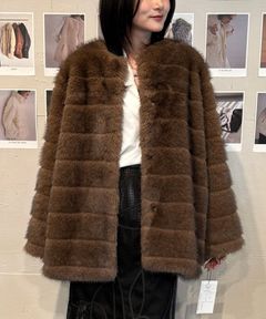 【25AW】Border Fur Coat (ブラウン) / ボーダーファーコート / エコファー / フェイクファー