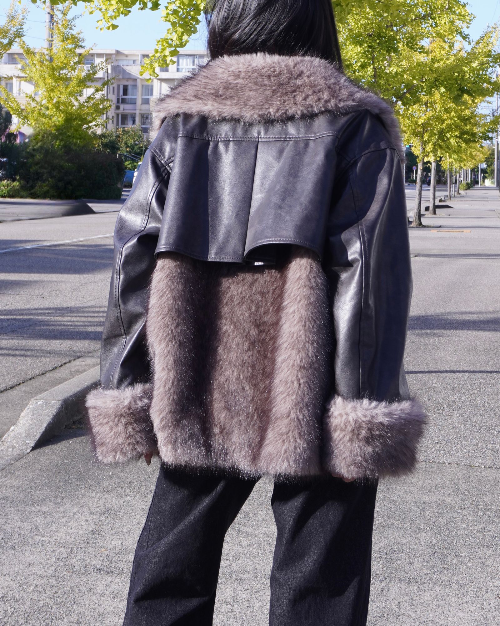 【25AW】Leather Docking Fur Jacket (ブラック) / レザードッキングファージャケット / エコファー / フェイクファー