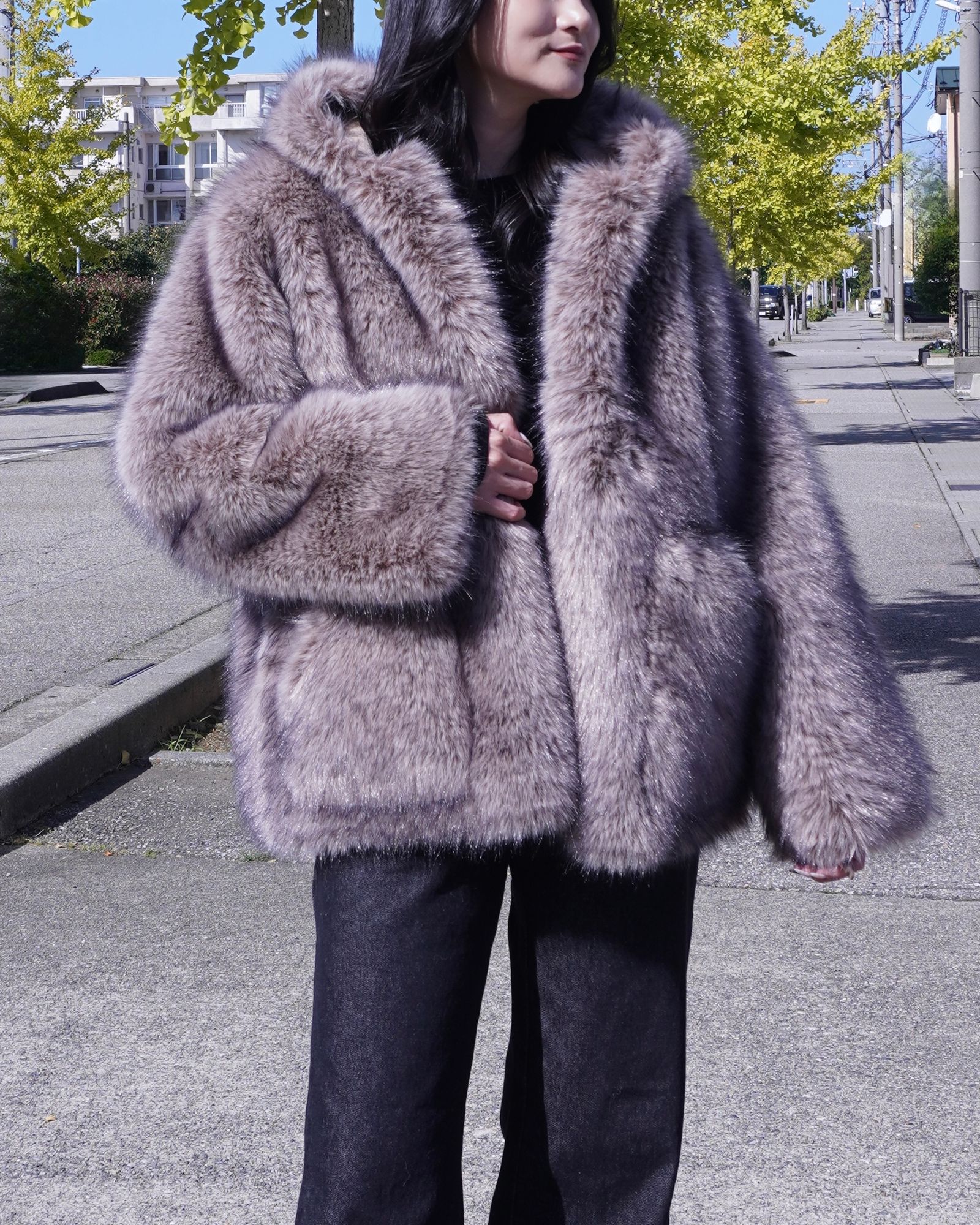 【25AW】Fox Like Fur Hoodie Coat / フォックスライクファー リバーシブルフーディコート (ベージュ) / エコファー / フェイクファー