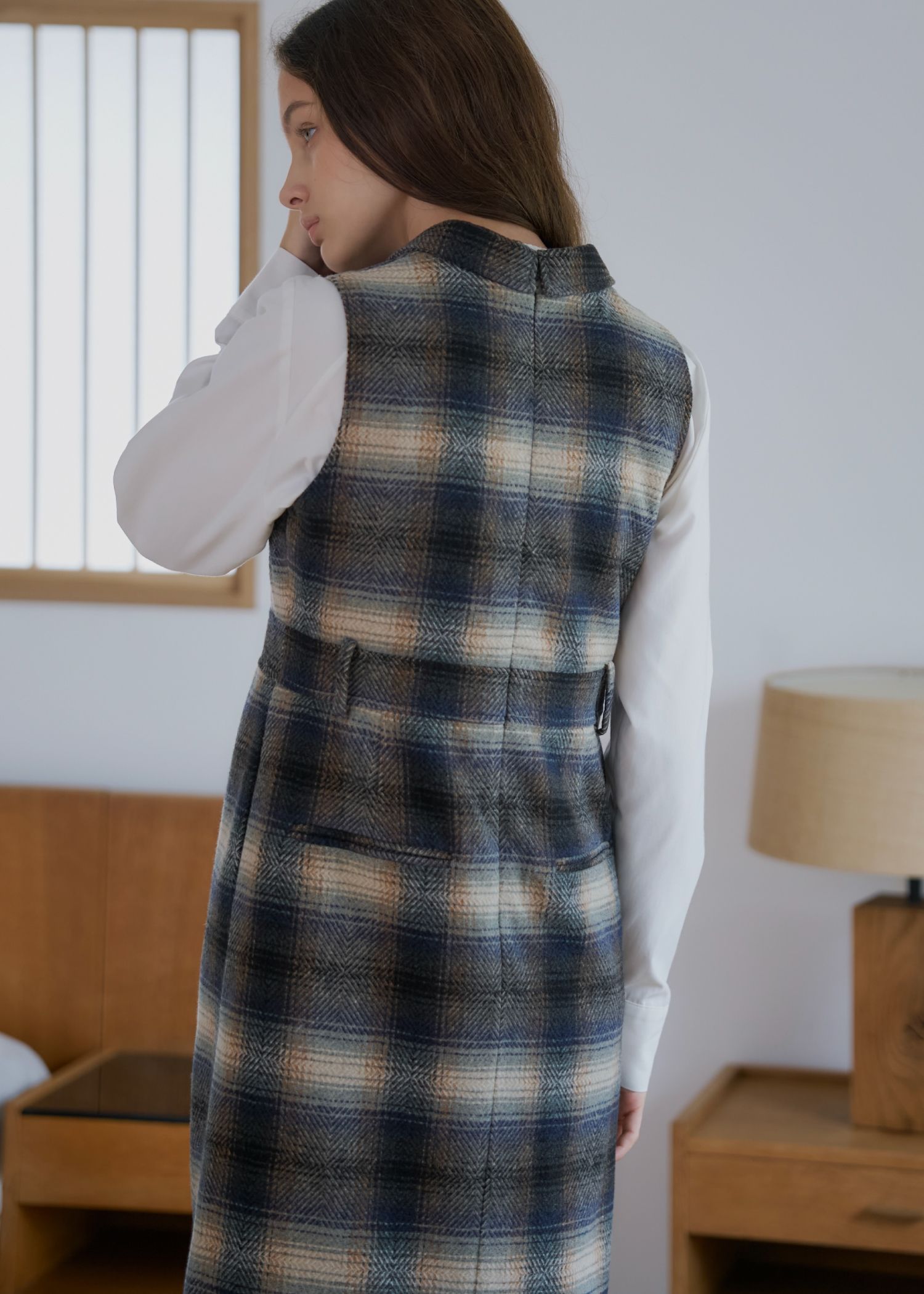 tailored collar no sleeve check OP / テーラード ノースリーブ チェックワンピース (フォグ) / 25AW /