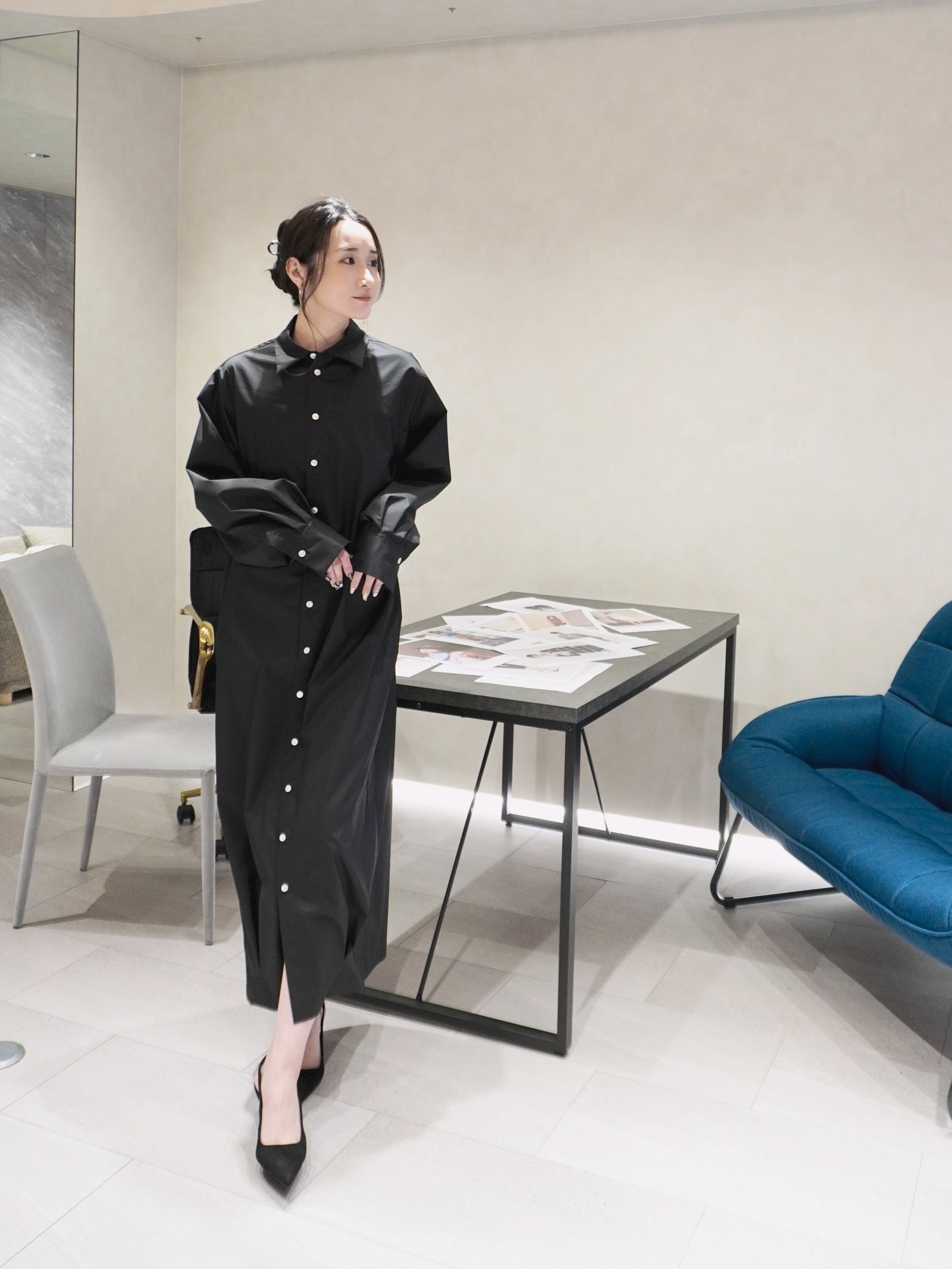 【25SS】DRAPE SHIRT DRESS / バックドレープシャツドレス (ブラック)