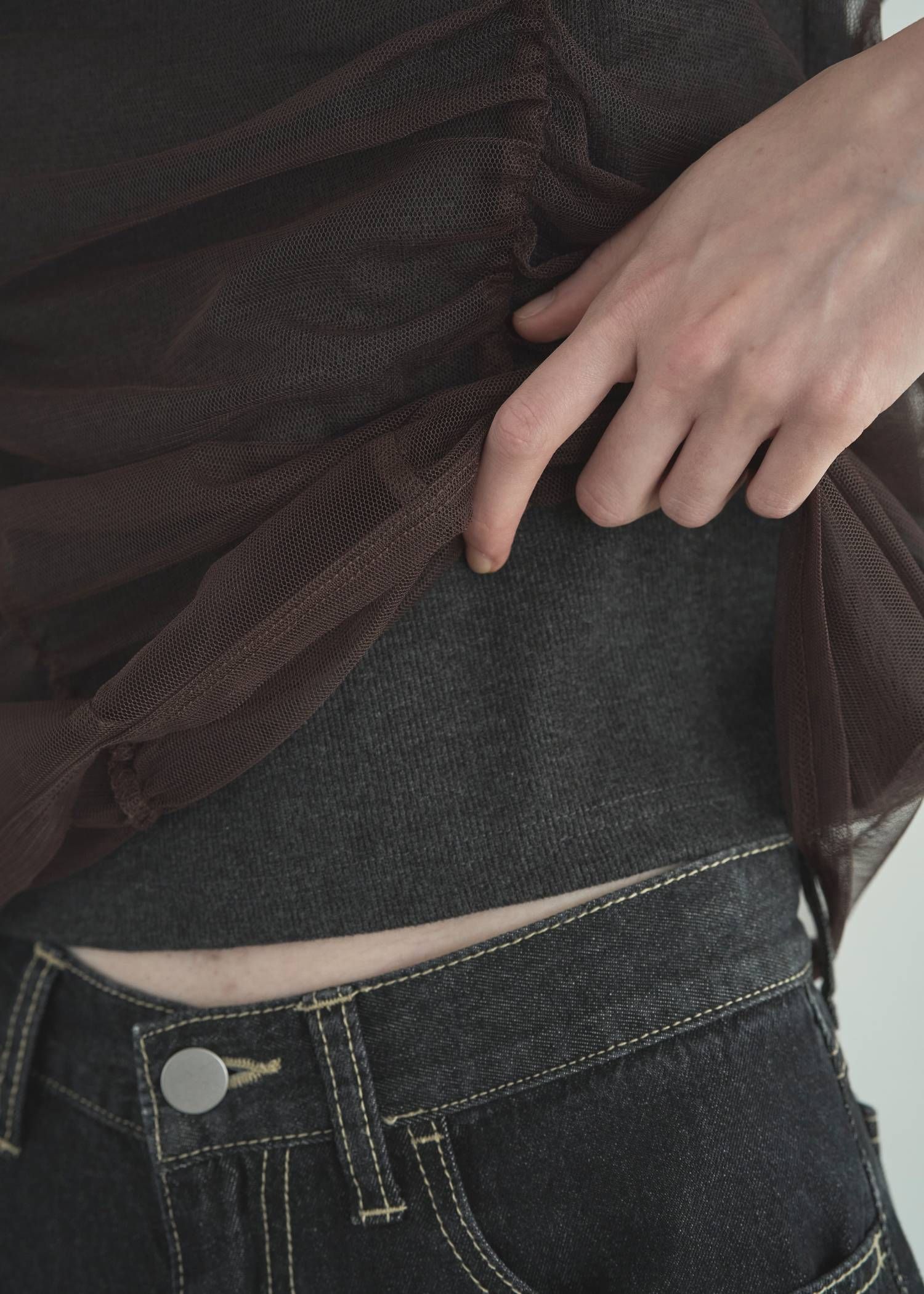 チュールリブタンク (チャコール) gather tulle layered rib tank (Charcoal) /  26SS