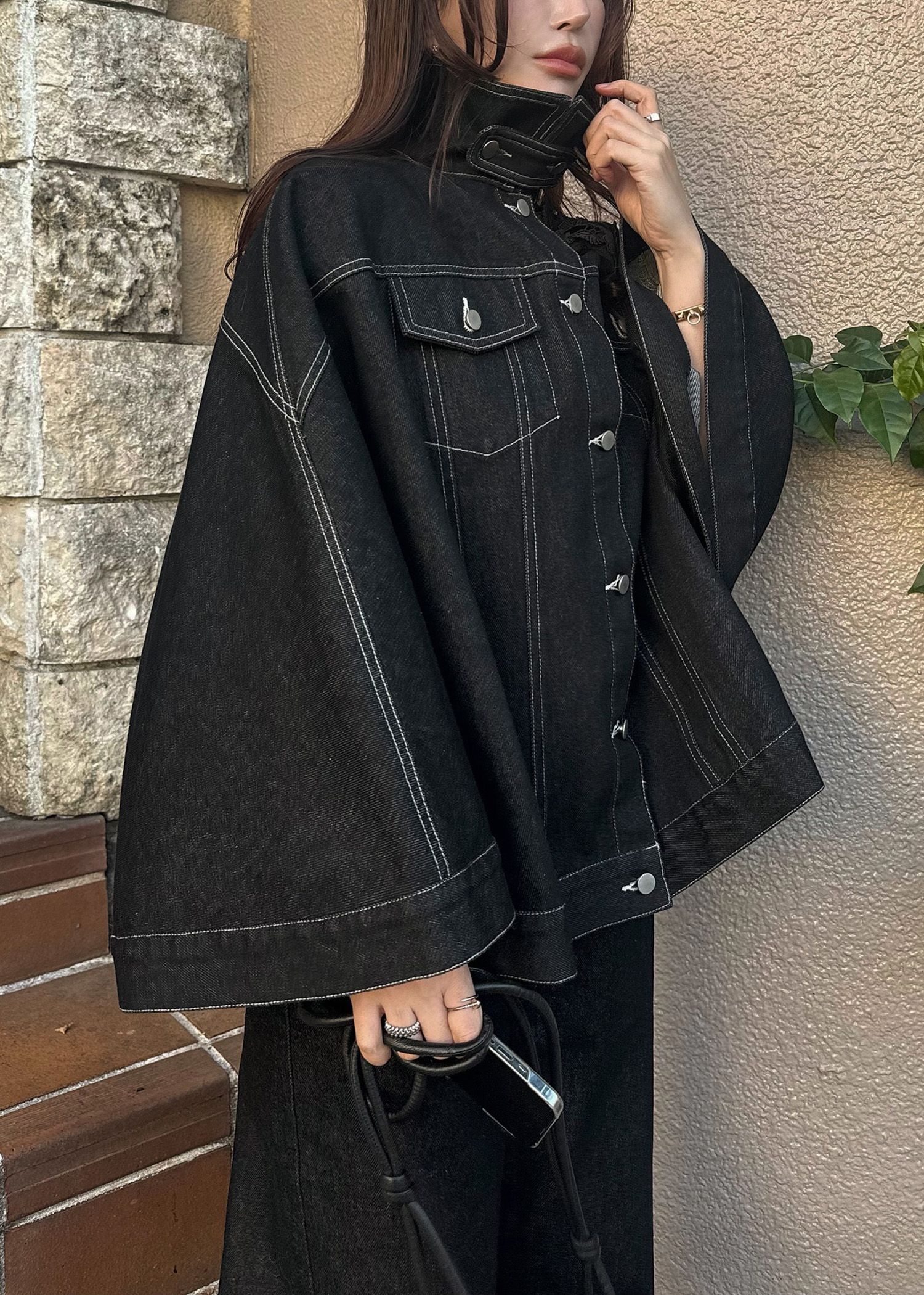 trucker detail denim poncho JK / トラッカー ポンチョ デニムジャケット (Black) / 26SS