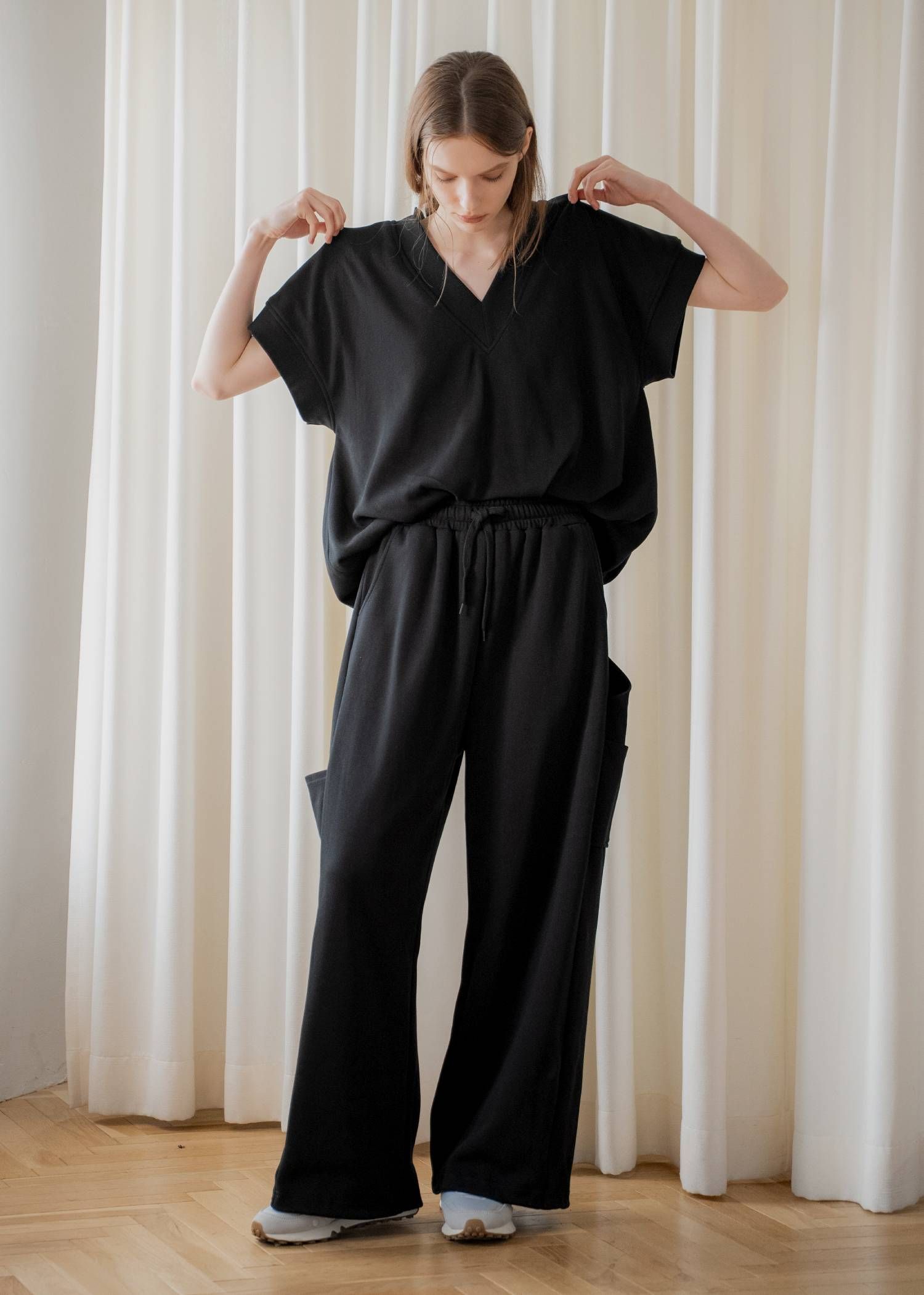 バルーンヘム スウェット半袖トップス (ブラック) balloon hem moss stitch sweat tops (Black) /  26SS
