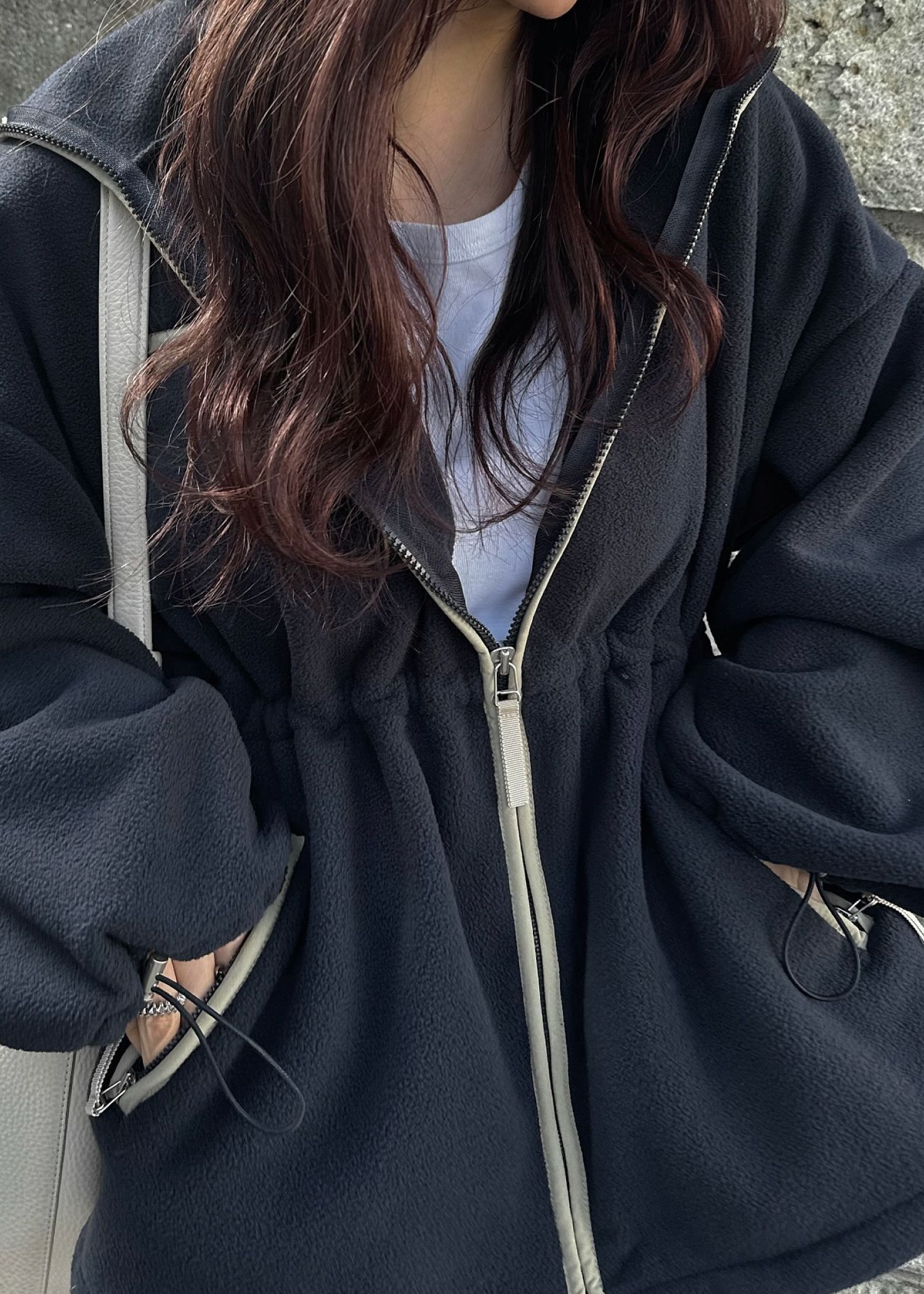 bi color piping fleece drawstring tops / バイカラー フリーストップス (ネイビー) / 25AW /