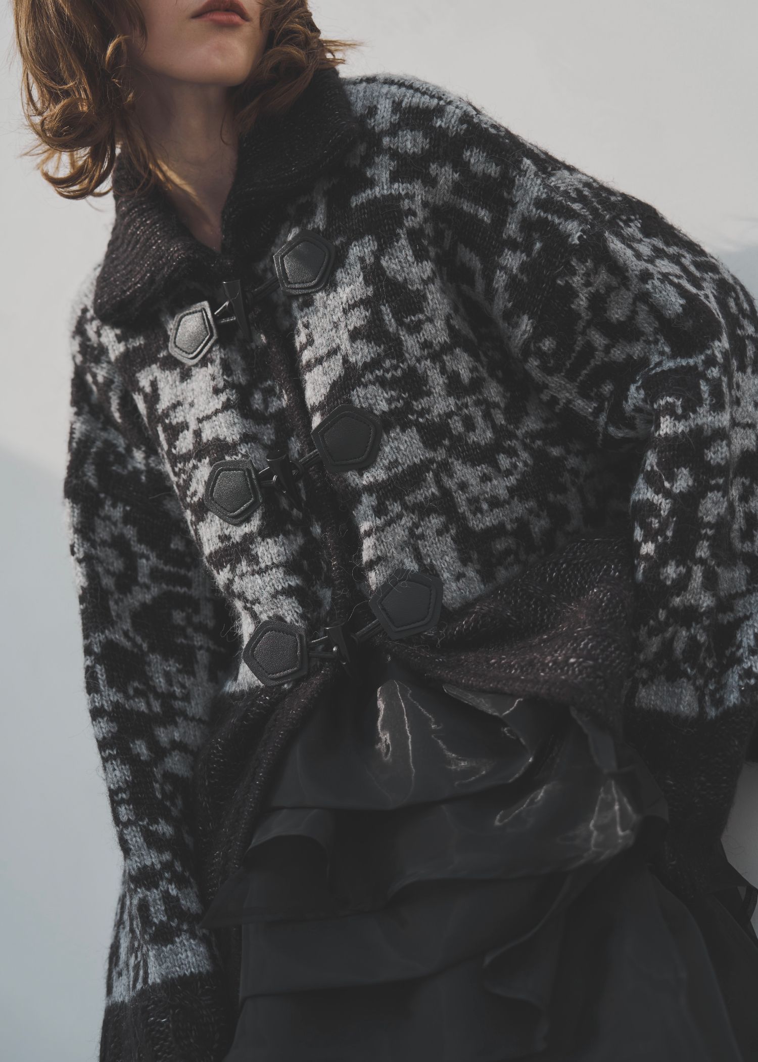 jacquard & cable placement toggle knit / ジャガード ケーブルトグルニット (チャコール) / 25AW /