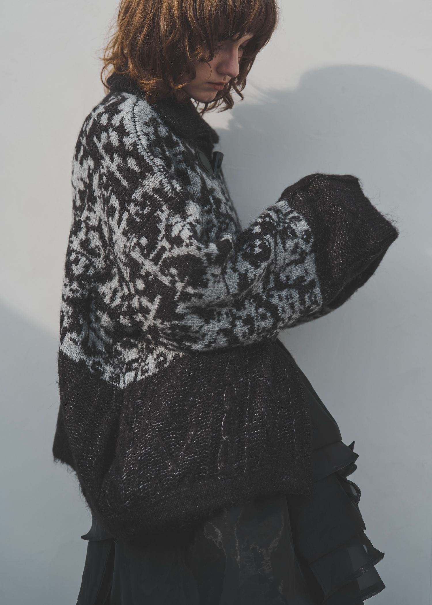 jacquard & cable placement toggle knit / ジャガード ケーブルトグルニット (チャコール) / 25AW /