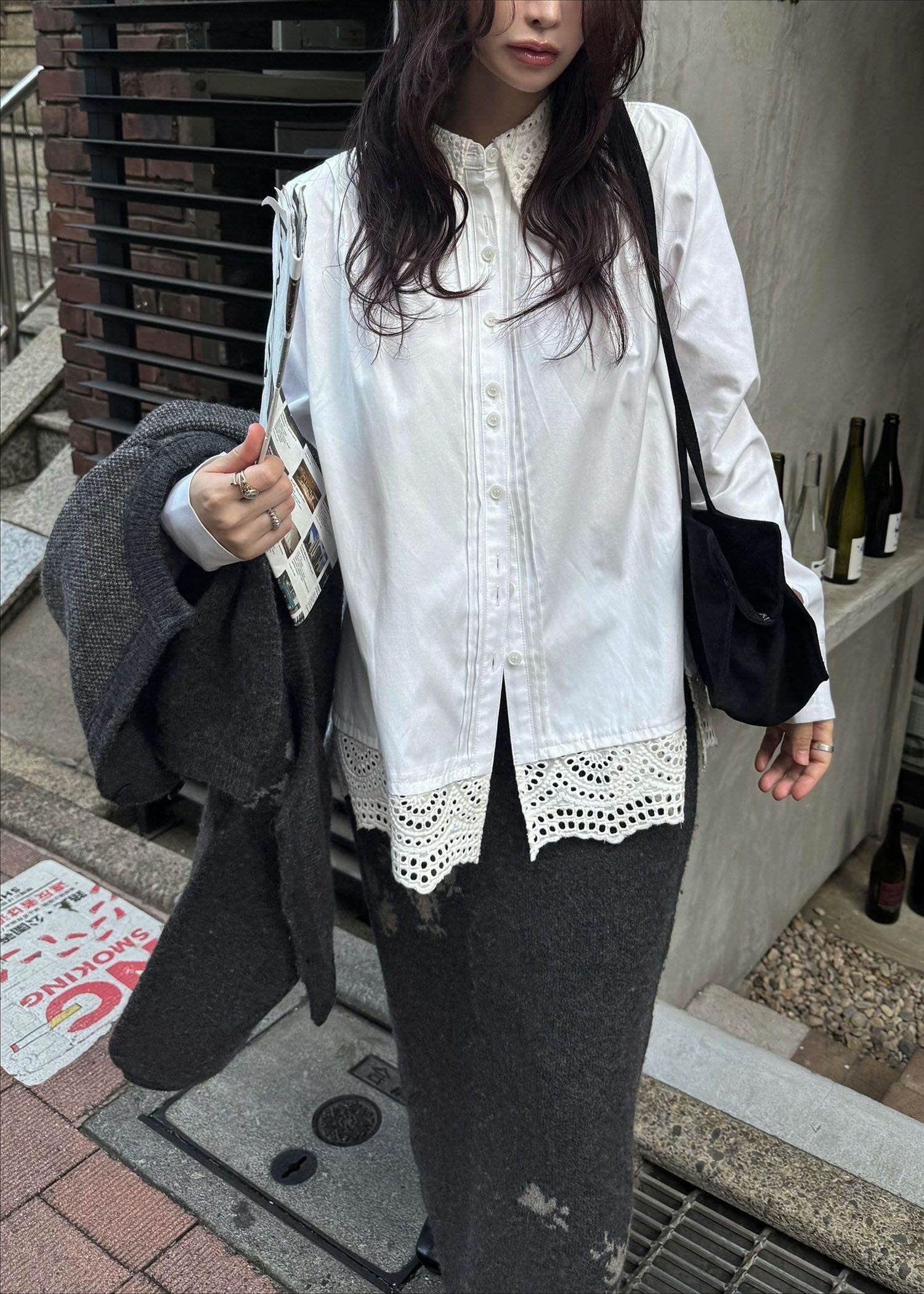 lace collar hem shoulder pintuck SH / レースヘムショルダー ピンタックシャツ (アイボリー) / 25AW /