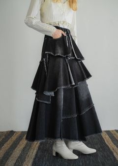 ランダム ティアードフリル デニムスカート (ブラック) random tiered frill denim SK (Black) /  26SS
