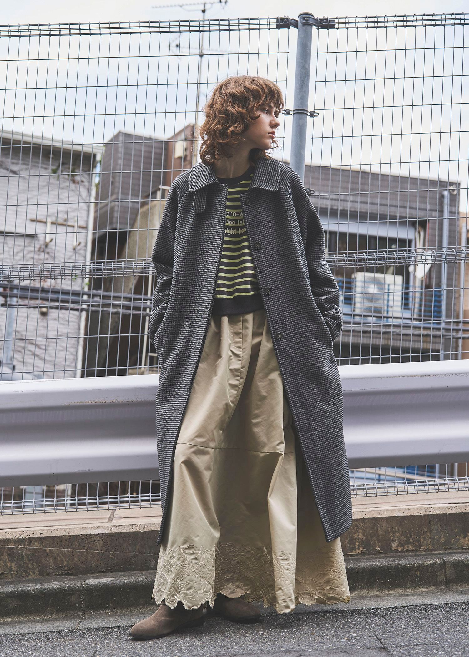 hound tooth soutien collar quilting coat / ハウンドトゥース ステンカラーコート (チャコール) / 25AW /