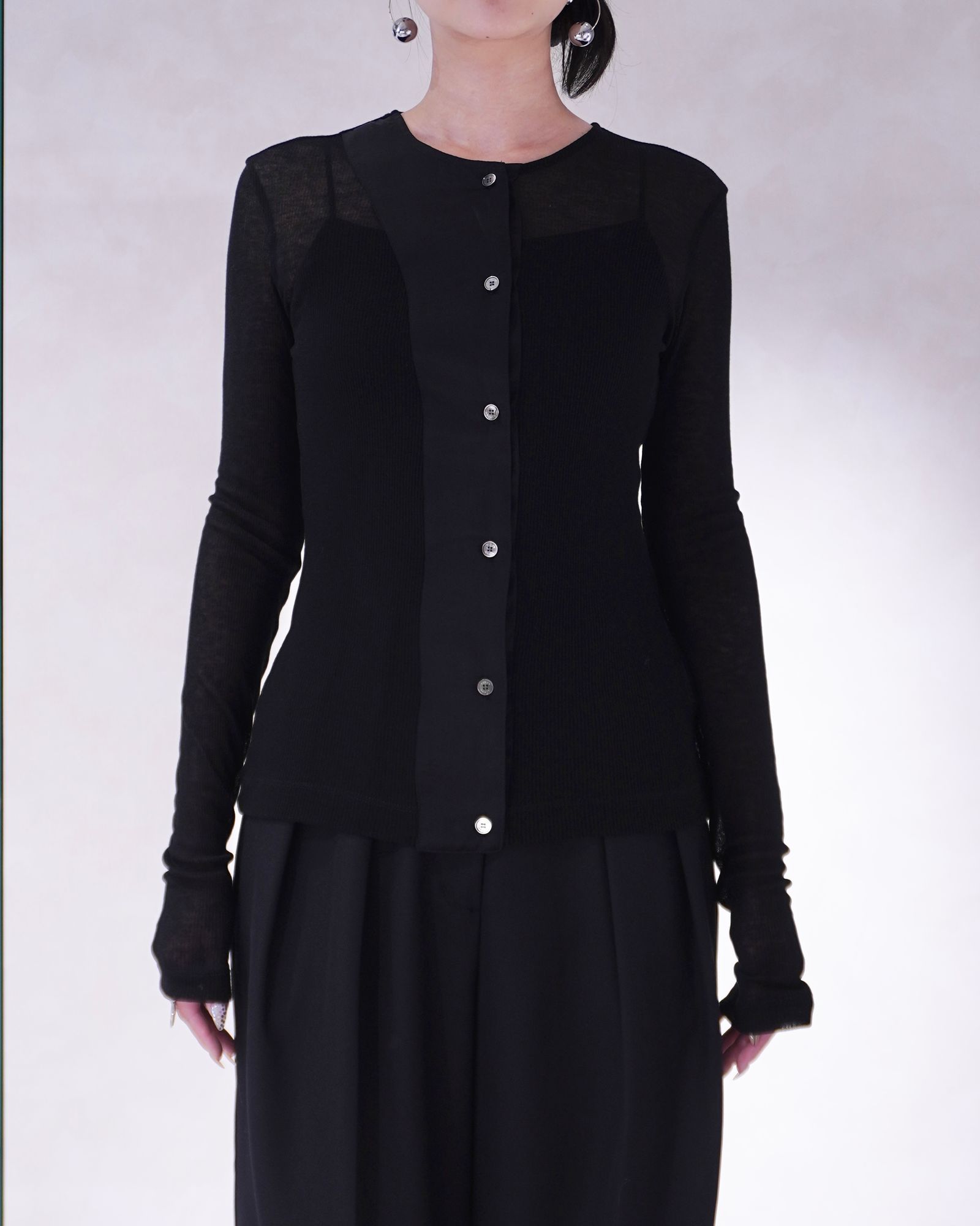 アシンメトリー リブトップス (ブラック) ASYMMETRIC PANEL SHEER RIB TOP (Black) / 26SS