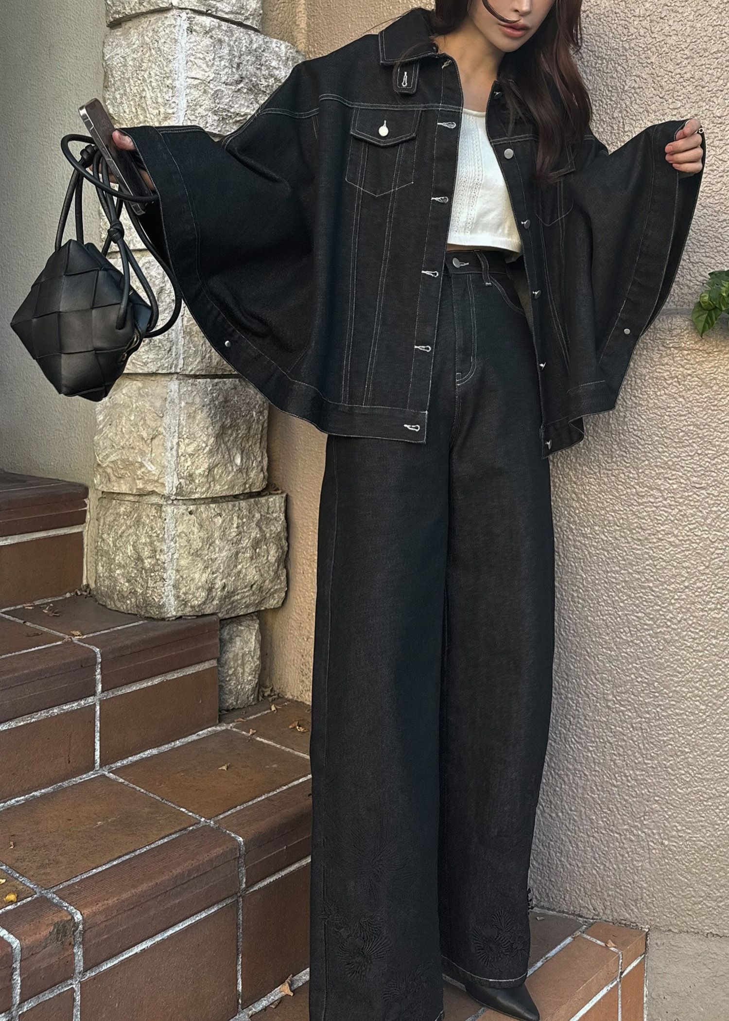 lace embellished hem straight denim PT / レース ストレートデニムパンツ (Black) / 26SS