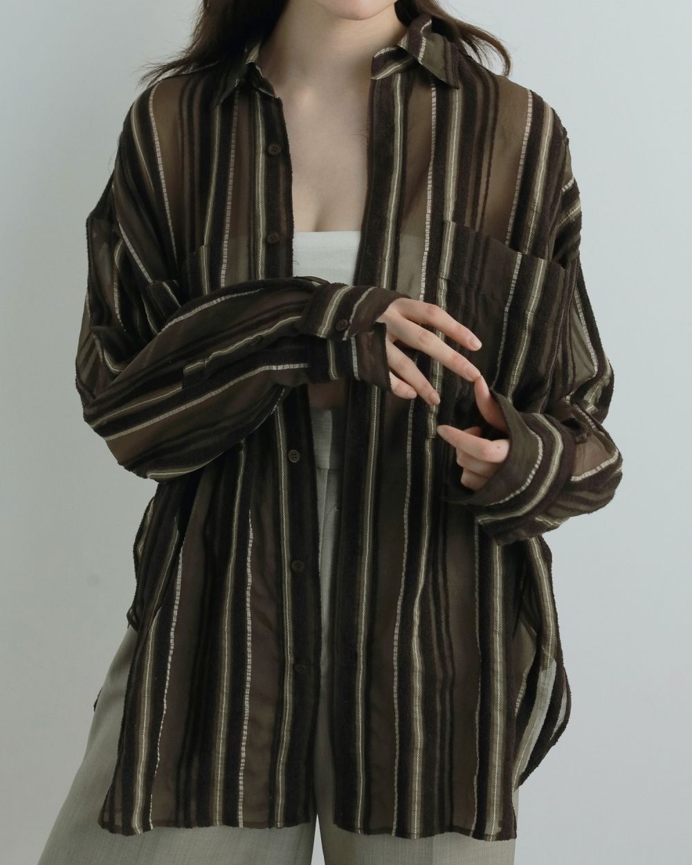 Sheer Stripe Shirts / シアーストライプシャツ (ブラウン)