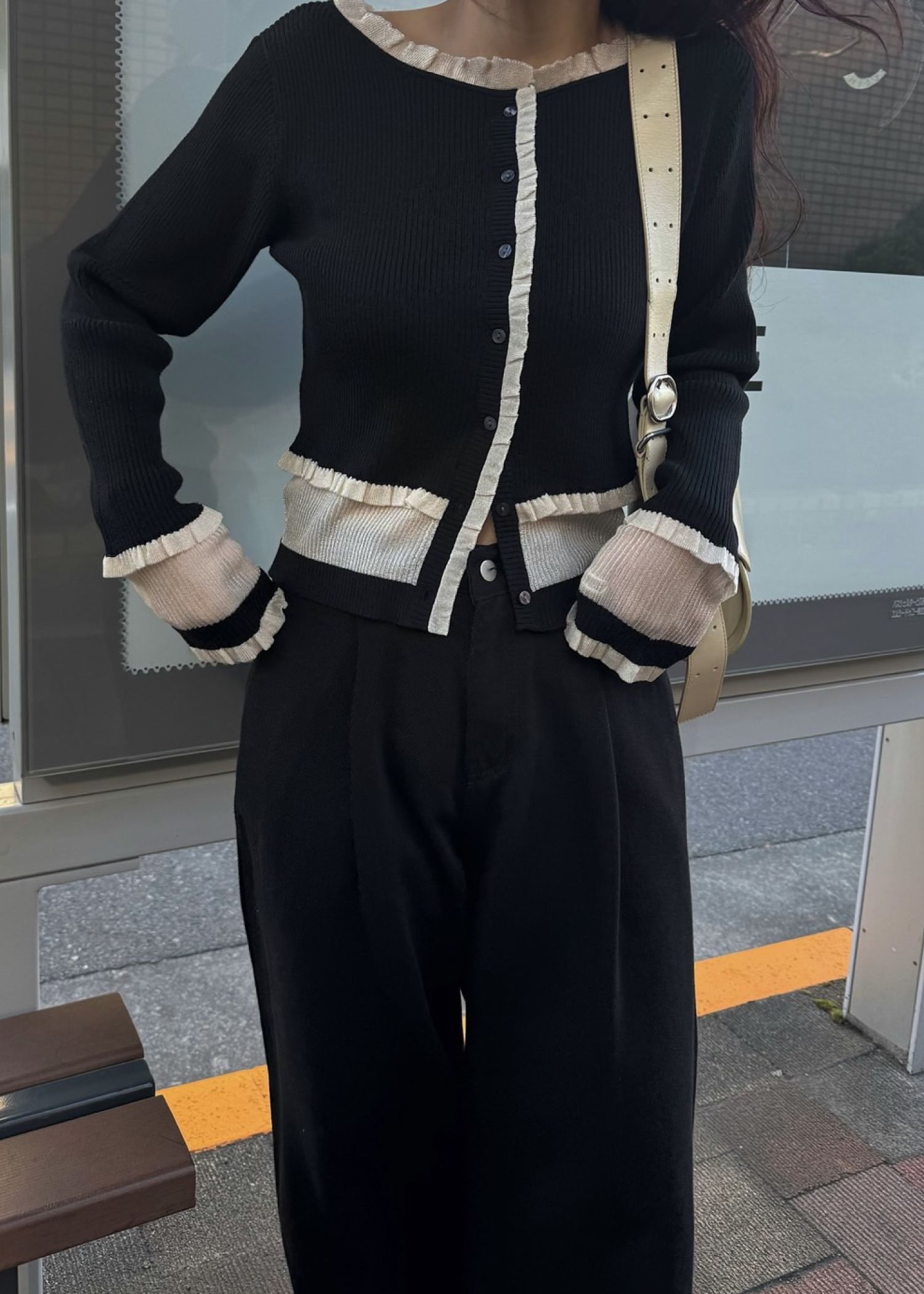 partial sheer frill knit cardigan / シアーフリル ニットカーディガン (Black) / 26SS